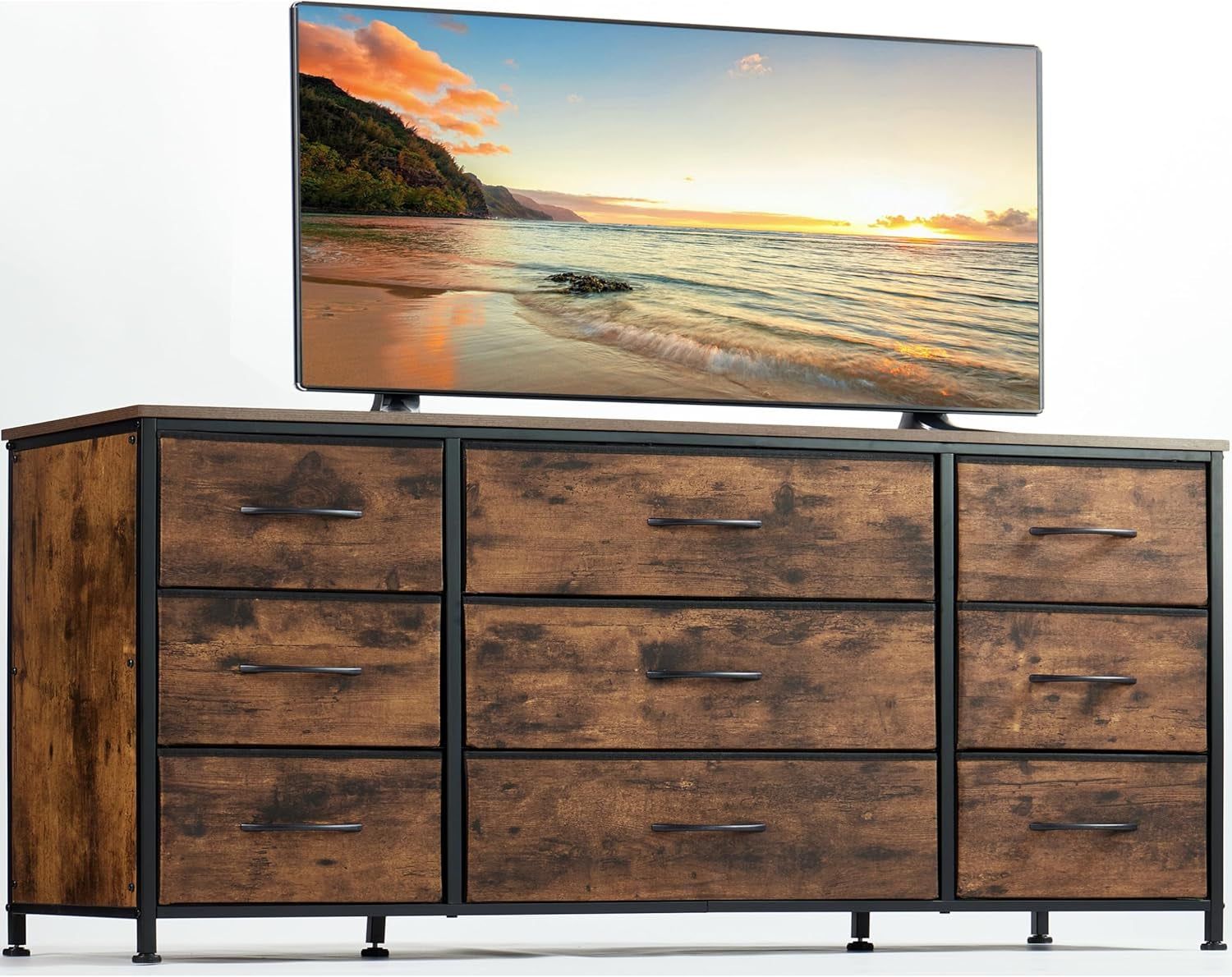 Dresser, Dresser for Bedroom with 9 Drawers, Wide Dresser TV Stand for 55” TV Stand for Bedroom Dresser Long Dressers &amp; Chests of Drawers, Metal Frame&amp;Wood Top, Closet, Hallway, Rustic Brown
