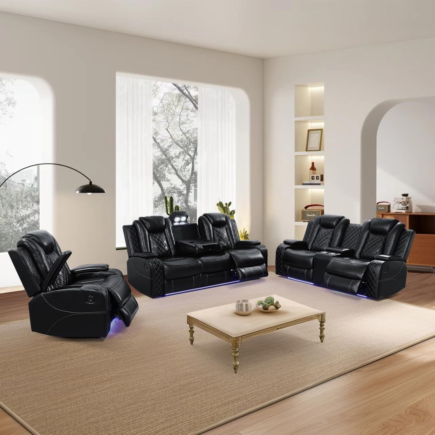 Power Reclining Sofa Set, Living Room Furniture Set with USB Ports, Leather Recliner Couches Set for Living Room/Apartment/Office/Home Theather (Black, Sofa+Loveseat+Chair)