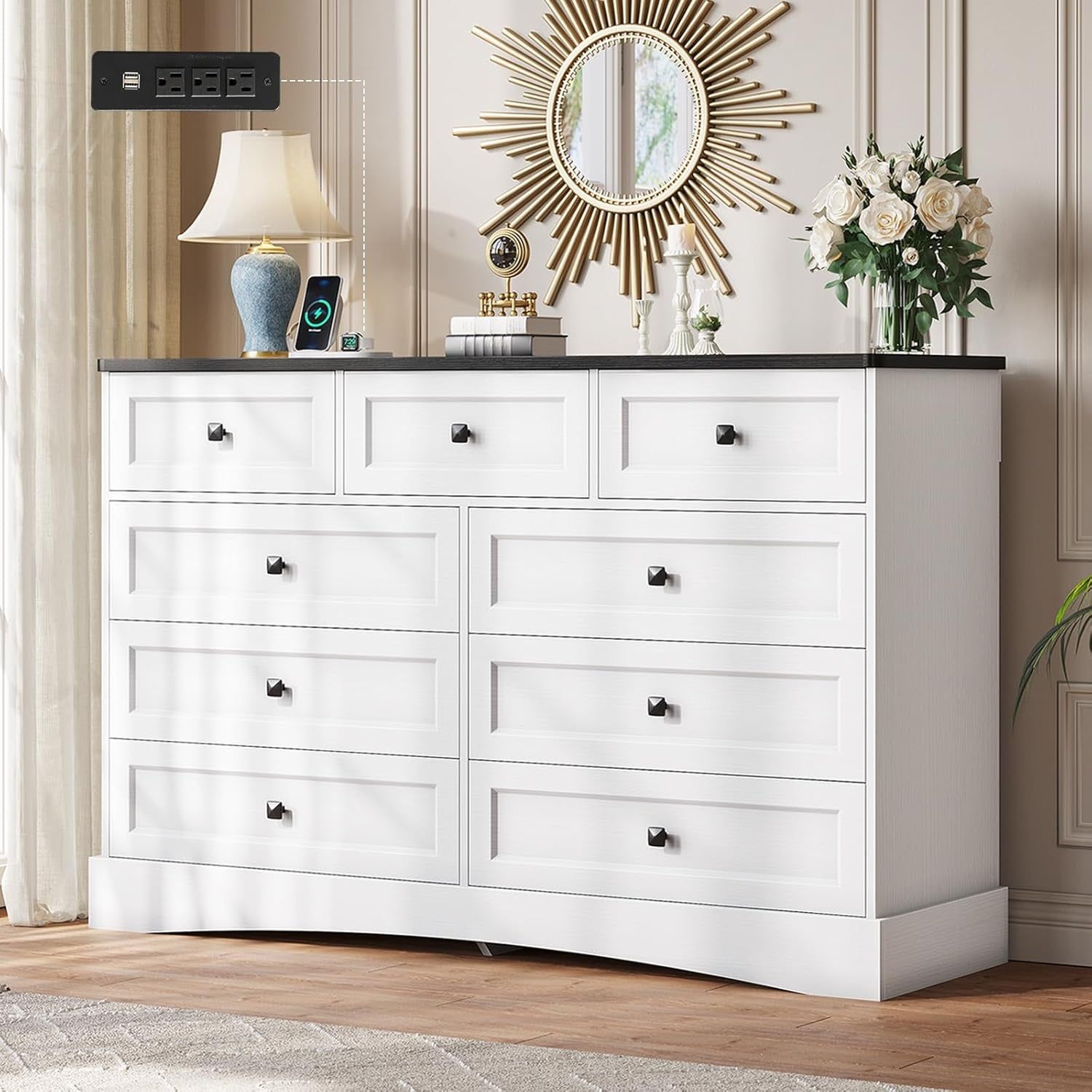 Dresser for Bedroom with 9 Drawers, 51.2&quot; Large Dresser with Charging Station, Wide Farmhouse Dresser Chest of Drawers, Wooden Storage Tower Organizer, Dresser for Bedroom Closet, White/Black