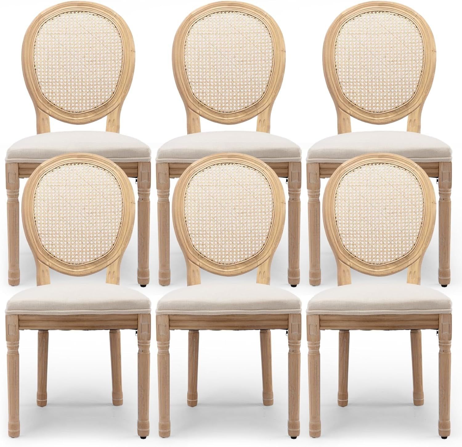 Rattan Back Upholstered Dining Chairs Set of 6 French Country Oval Kitchen Side Chairs with Wood Legs for Dining Room, Kitchen, Restaurant(Beige-Rattan)