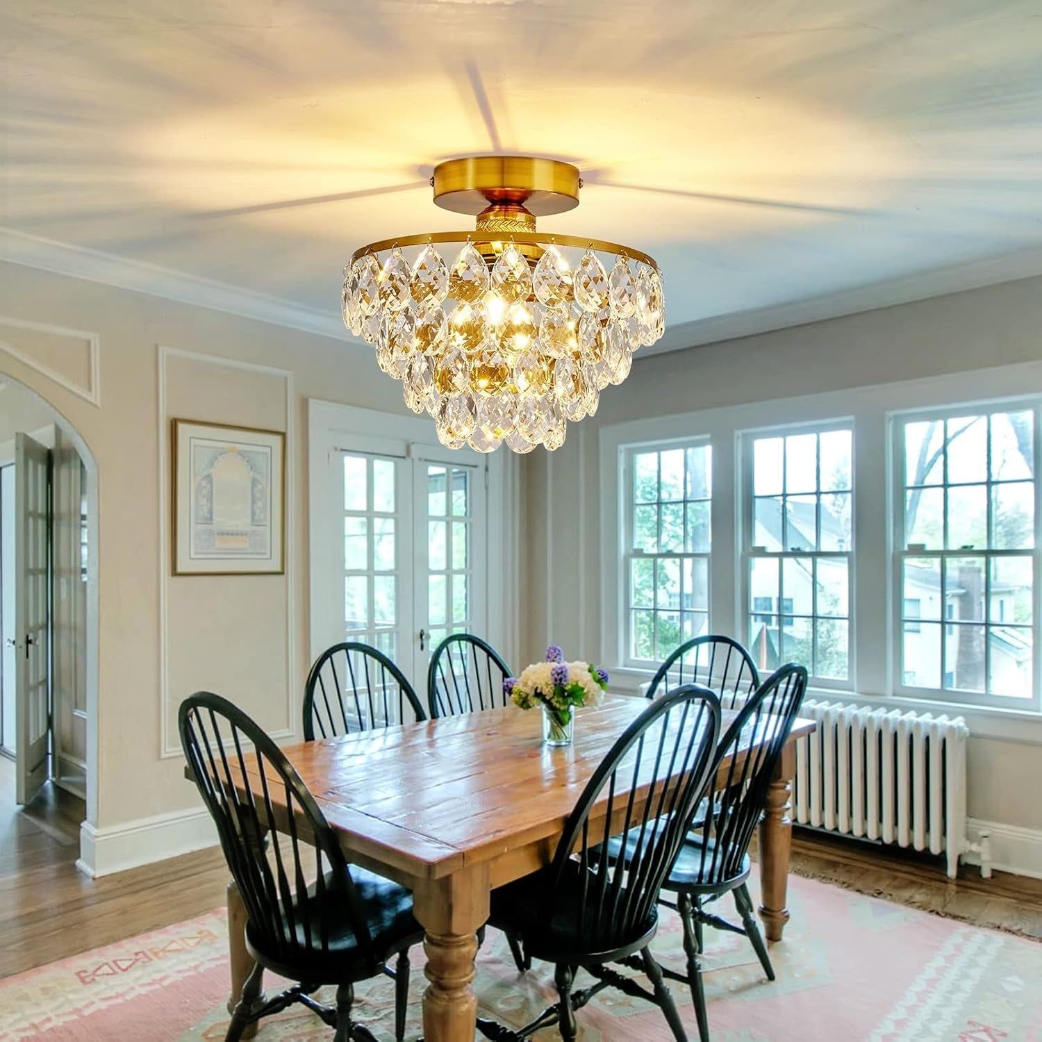 Modern E26 Small Crystal Chandelier Semi Flush Mount Ceiling Light Fixture Gold Ceiling Lamp for Hallway Bedroom Bathroom Closet Bedroom Foyer
