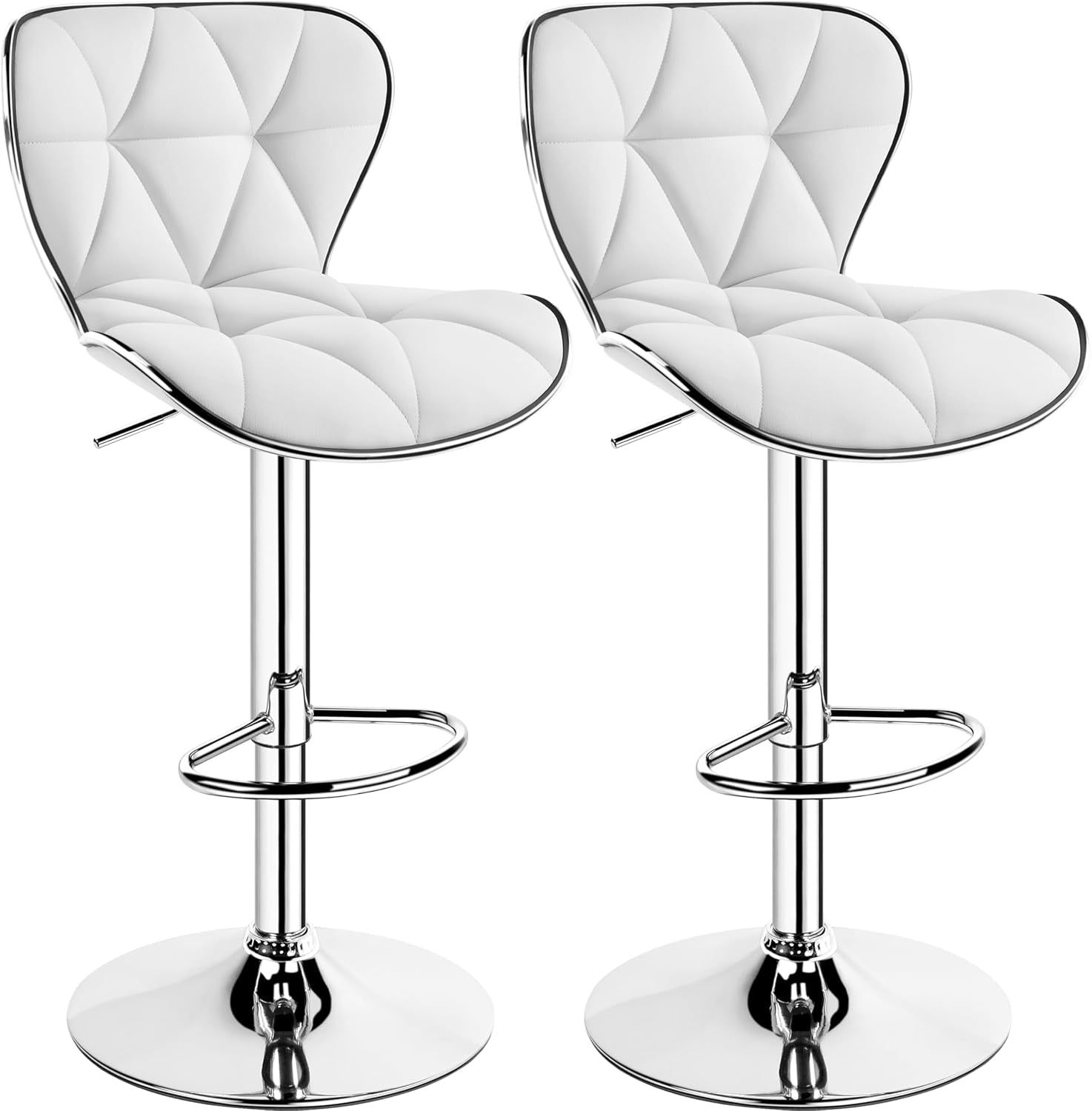 Bar Stools Set of 2, Island Chairs Shell Back, PU Leather Adjustable Barstools, Swivel Bar Chairs with Footrest for Home Kitchen, White