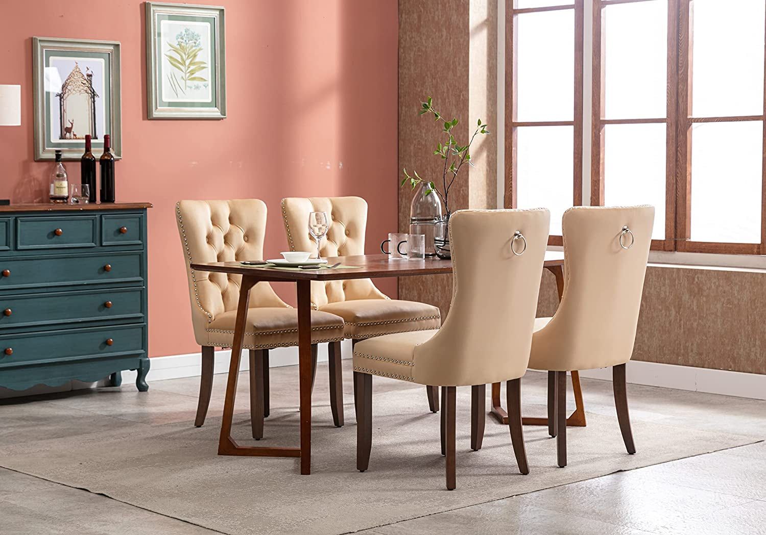 Set of 2 Beige Velvet Upholstered Dining Chairs, Button Tufted, Nailhead Trim, Back Ring Pull, Gold, 20″ Seat Height