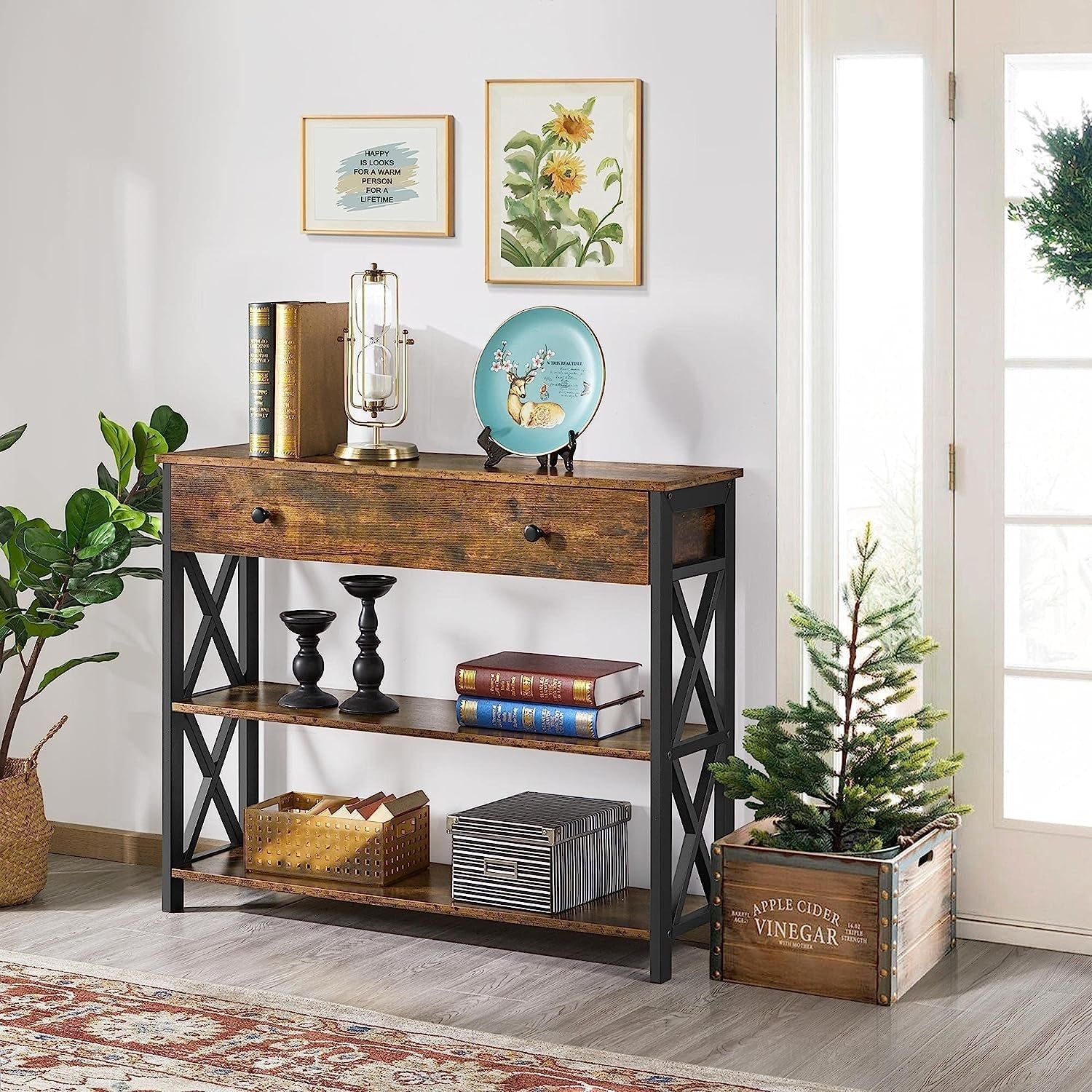 Rustic Brown Industrial Console Table with Drawer