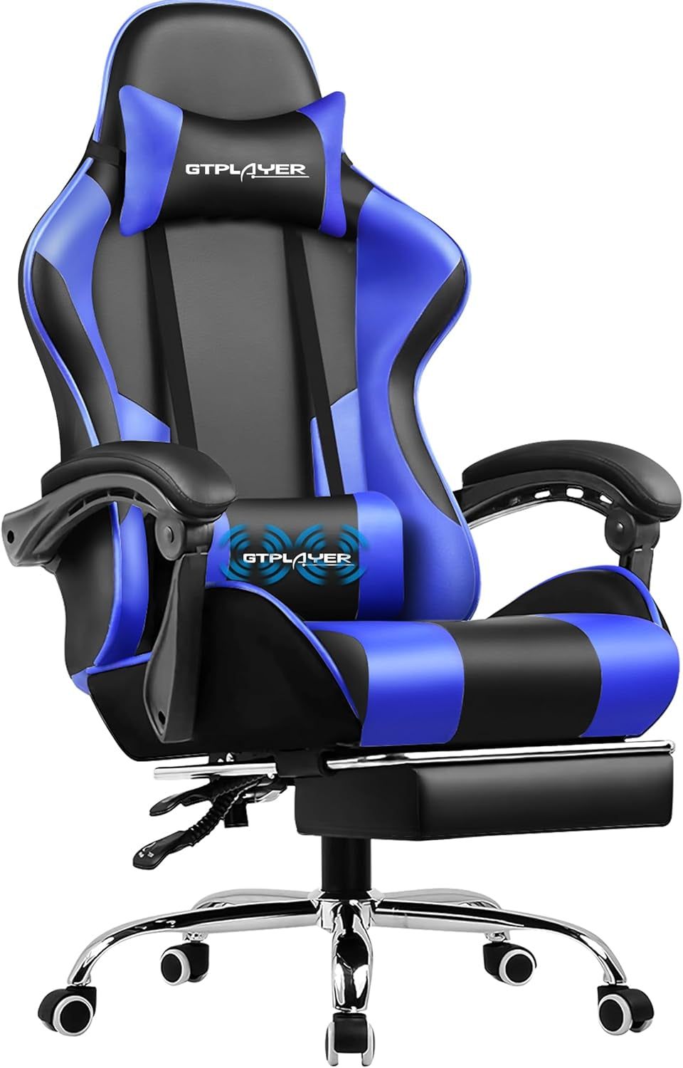 Gaming Chair, Computer Chair with Footrest and Lumbar Support, Height Adjustable Game Chair with 360°-Swivel Seat and Headrest and for Office or Gaming ((Blue)