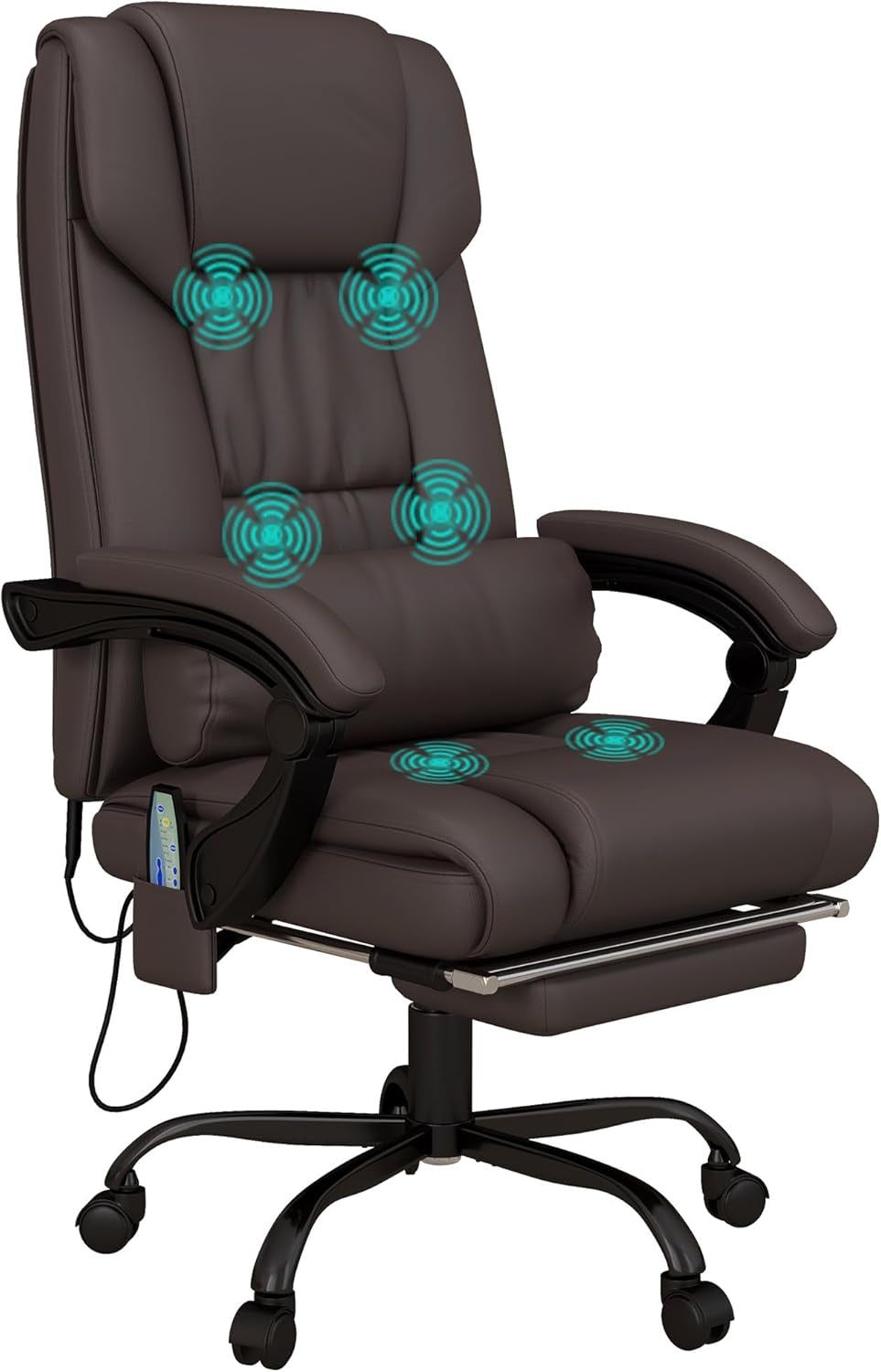 High Back Massage Office Chair with 6 Vibration Points, PU Leather Reclining Computer Chair, Ergonomic Desk Chair with Footrest Adjustable Height and Remote, Brown