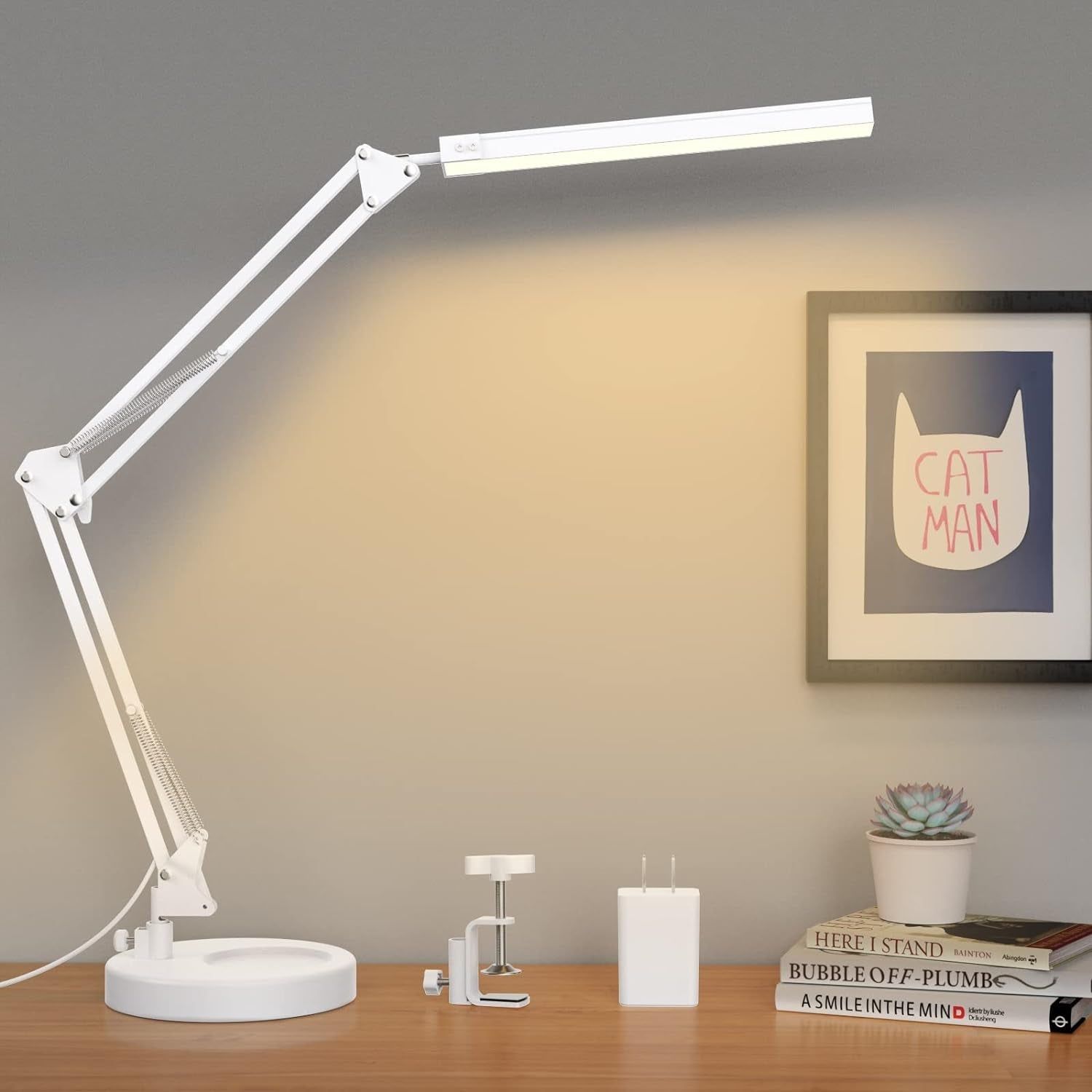 LED Desk Lamp with Clamp and round Base,Eye Caring Table Lamp with Swing Arm,3 Color Modes 10 Brightness Levels,Memory Function,Desk Light for Home Office with USB Adapter White-14W