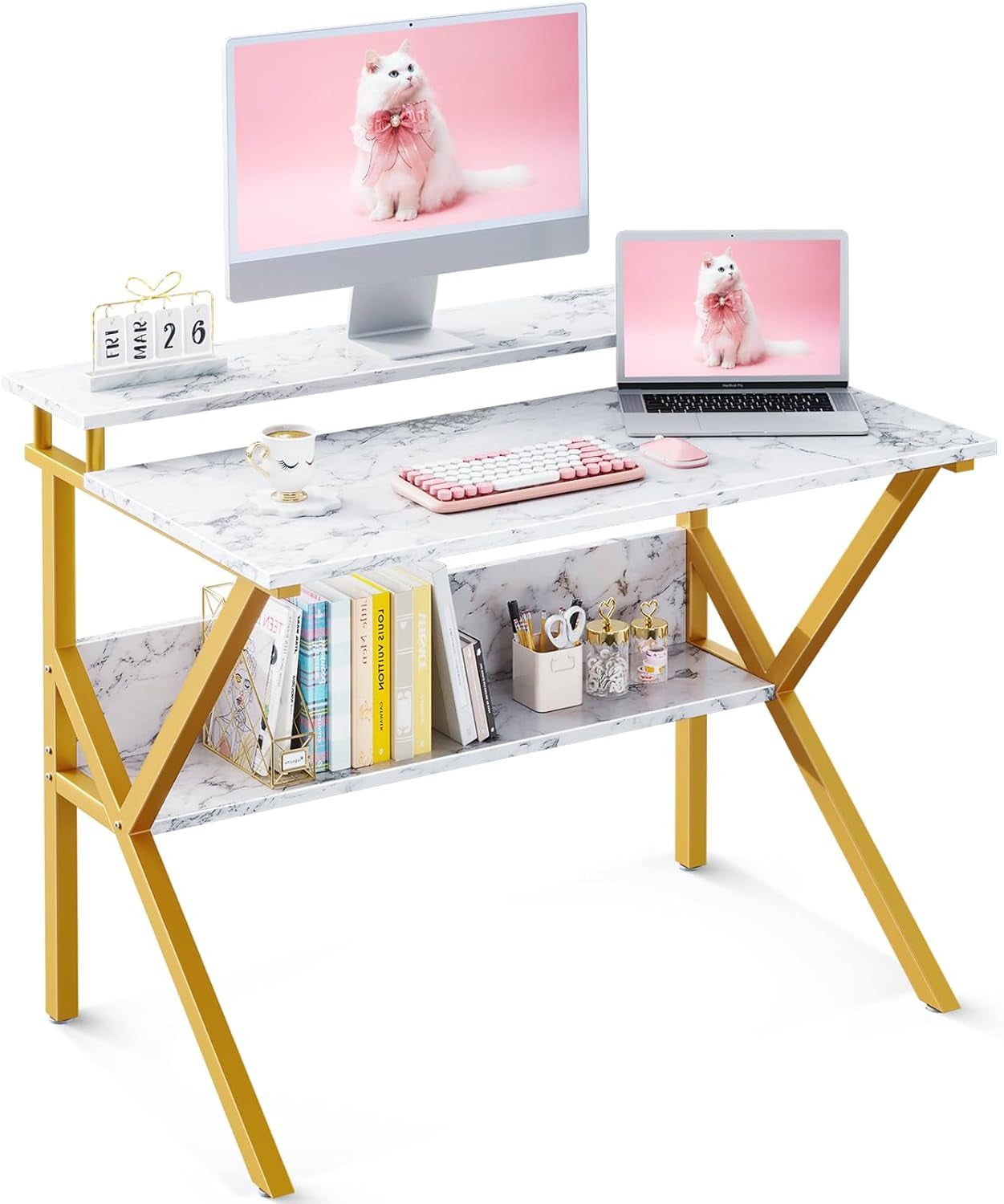 Small Desk, 27.5 Inch Small Computer Desk for Small Spaces, Compact Desk with Storage, Tiny Desk Study Desk with Monitor Stand for Home Office, White Marble + Gold Leg