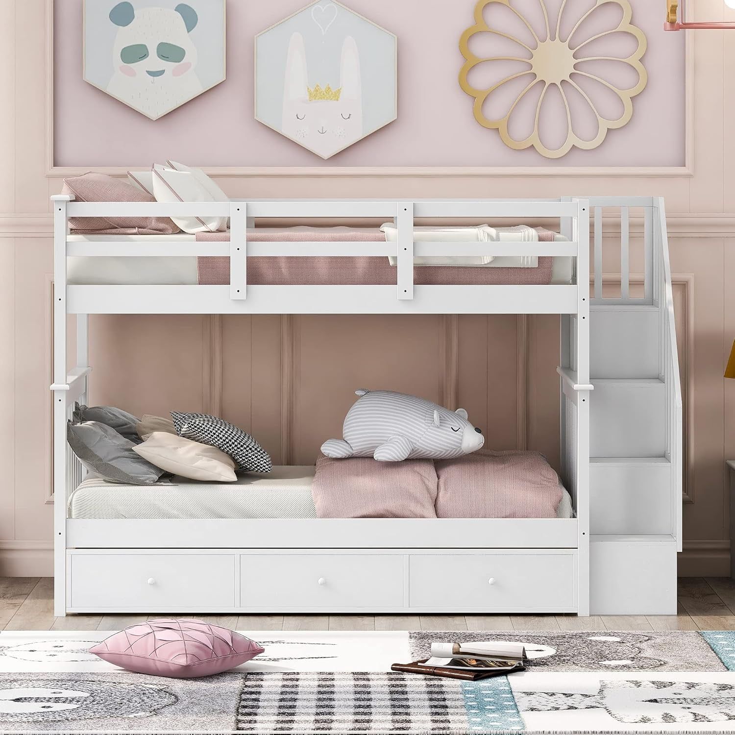 Twin over Twin Bunk Bed with Stairs and Guard Rail, Twin Size Bunk Beds with Storage Drawers,Wooden Bunk Bed Frame for Bedroom, Dorm, Kids, Teens, Adults,White