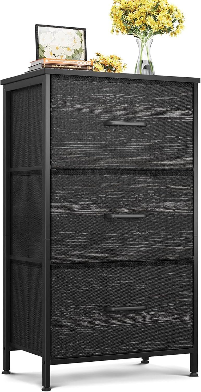 Dresser for Bedroom Nightstand Small Dresser Chest of Drawers End Table for Living Room, Closet Dresser with 3 Storage Drawers Organizer Clothes, Charcoal Black