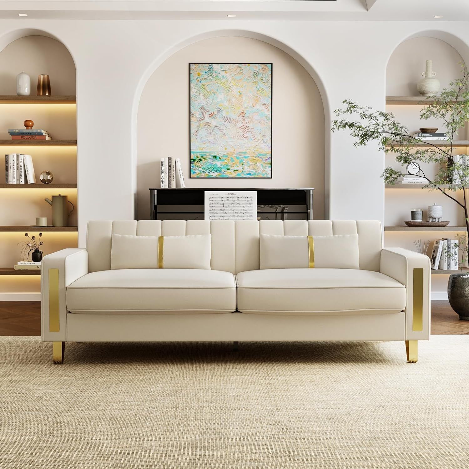 Loveseat Couch for Living Room, 86&quot; Beige Velvet Sofa Couch with 2 Pillows &amp; Gold Metal Legs, Modern Upholstered Sofa Love Seat Sectional Couches for Apartment Home Office