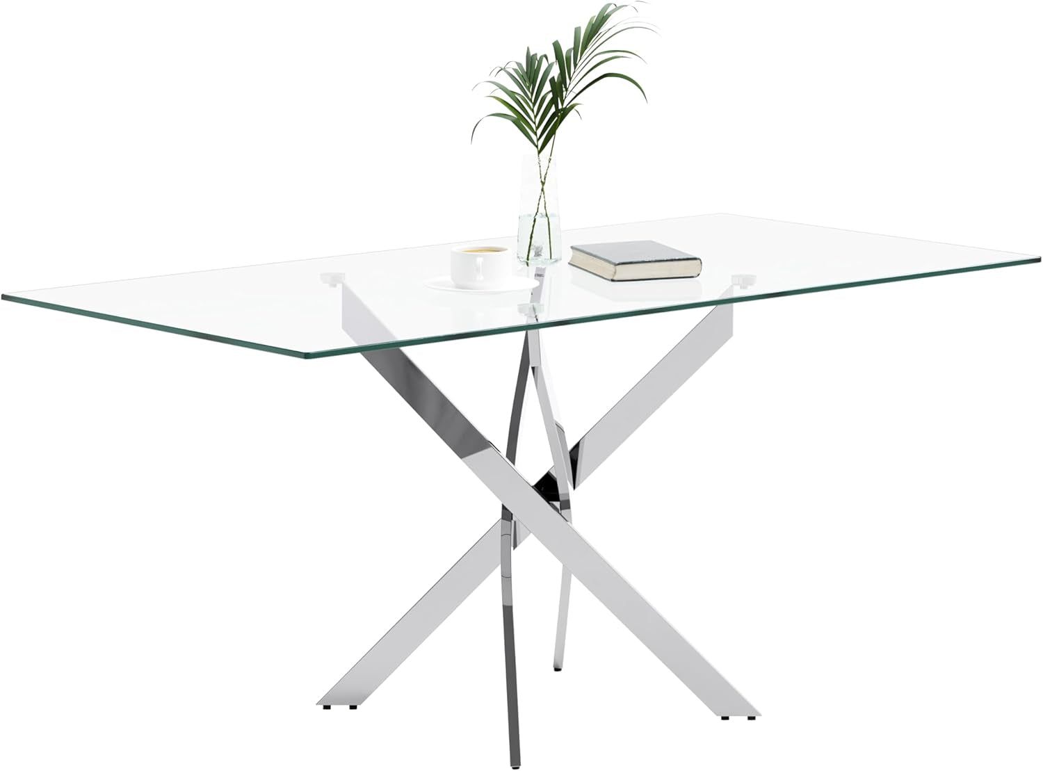 Tempered Glass Dining Table with Chromed Legs, 47In Rectangular Kitchen Table for Kitchen Dining Room Home Office (47.24 * 27.55, White/Silver)