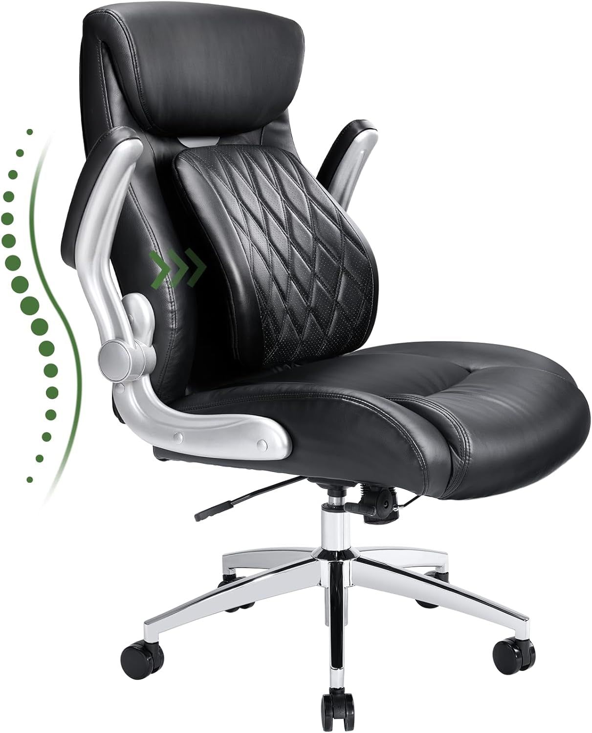 Comfortable-Office Chair with Dynamic-Lumbar Support: High Back PU Leather Executive Office Chair with Flip-Up Arms Tilt Function, Ergonomic Executive Desk Chair for Home Office Work, Black