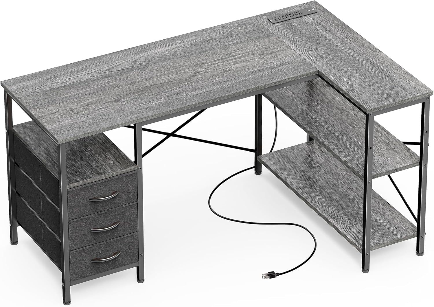 L Shaped Desk with Power Outlets, Computer Desk with 3 Drawers, 47 Inch Office Desk with Shelves, Gaming Desk, Corner Desk Work Desk for Home Office, Study, Grey