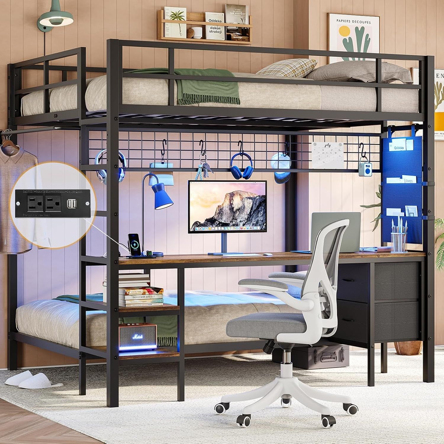 Full over Twin Bunk Bed with Desk and Charging Station Metal Full Size over Twin Loft Bed with Led Lights &amp; Storage Shelves and Drawers for Teen,Safety Guard &amp; Stairs,No Box Spring Needed,Black