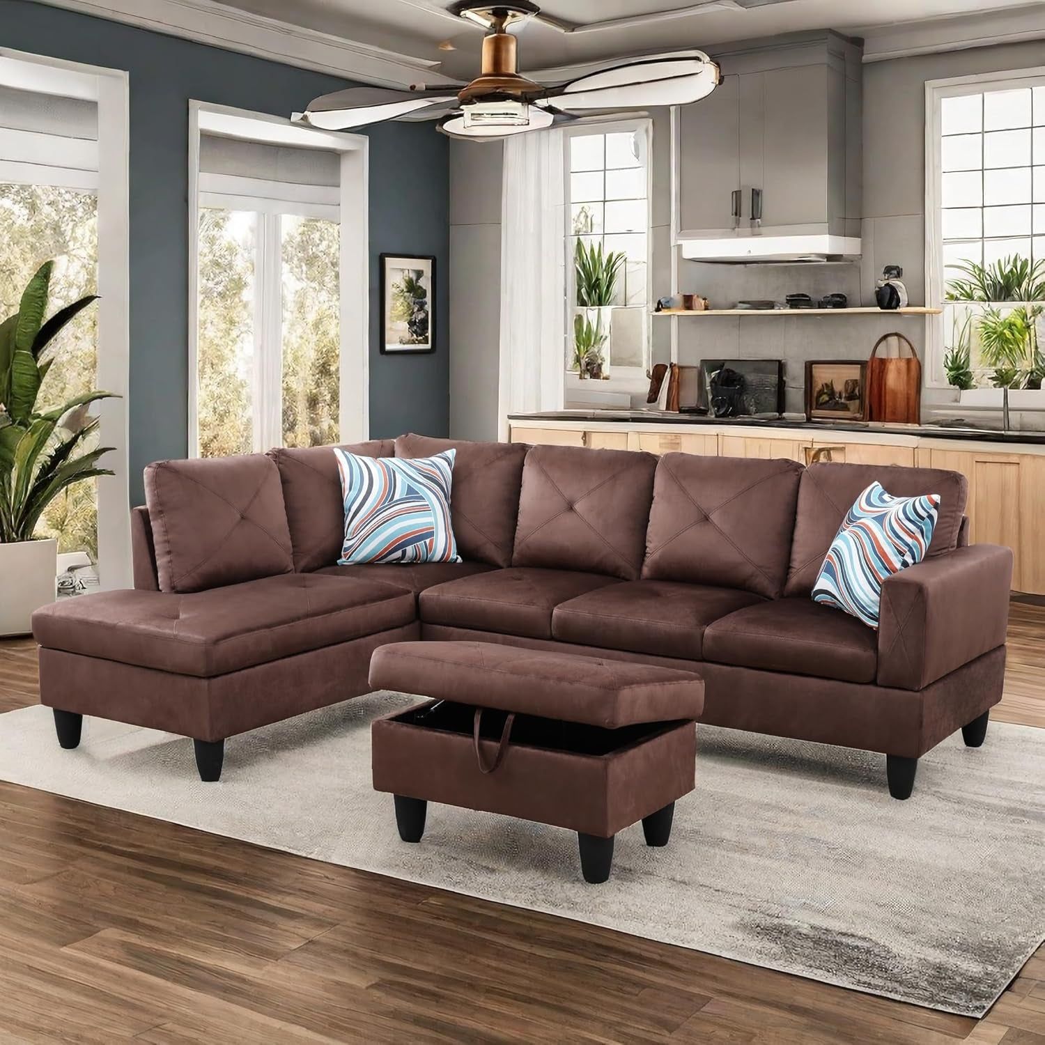 L Shaped Sectional Sofa with Ottoman, Leather Right Facing Modern Couches for Living Room, Bedroom, Office