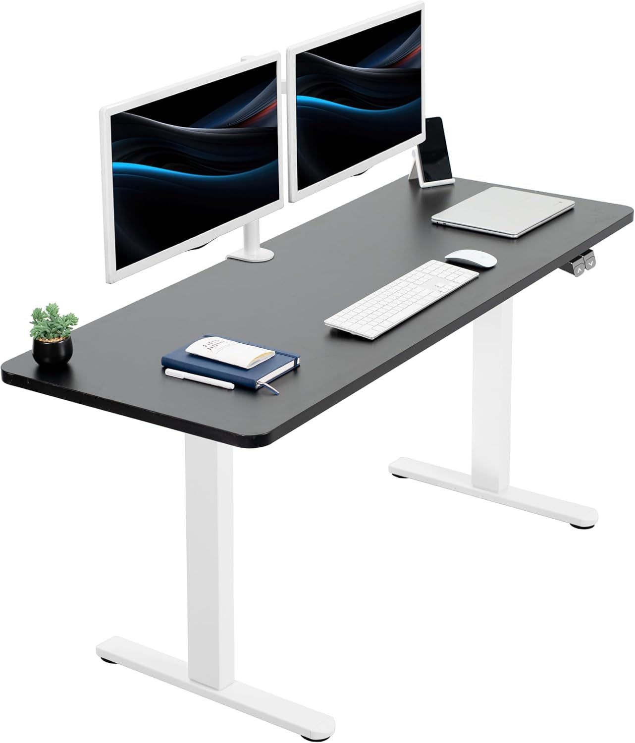 60-Inch Electric Height Adjustable 60 X 24 Inch Stand up Desk, Black Solid One-Piece Table Top, White Frame, Home &amp; Office Furniture Sets, B0 Series, DESK-KIT-W06B