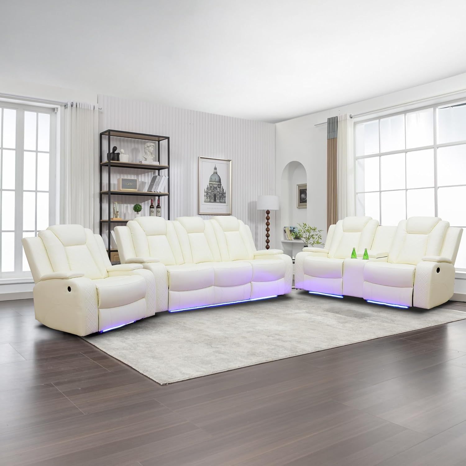 Power Recliner Sofa Set with LED Lights,Leather Reclining Sofa with USB Port/Wireless Charger/Storage Console/Cup Holder,Living Room Furniture Set for House/Home Theater(3 Piece Set,Creamy)