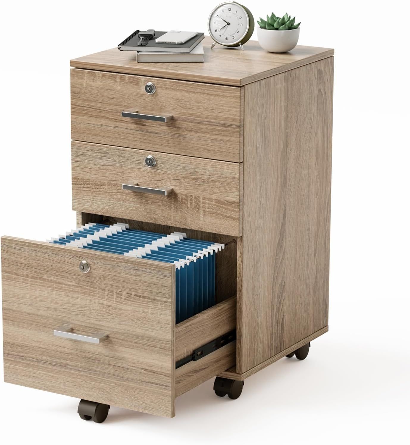 3-Drawer File Cabinet with Lock, Wood Rolling File Cabinet under Desk File Cabinets for Home Office, Mobile Printer Stand &amp; File Cabinet for Letter Sized Files, 26&quot; H(Caster Included), Oak