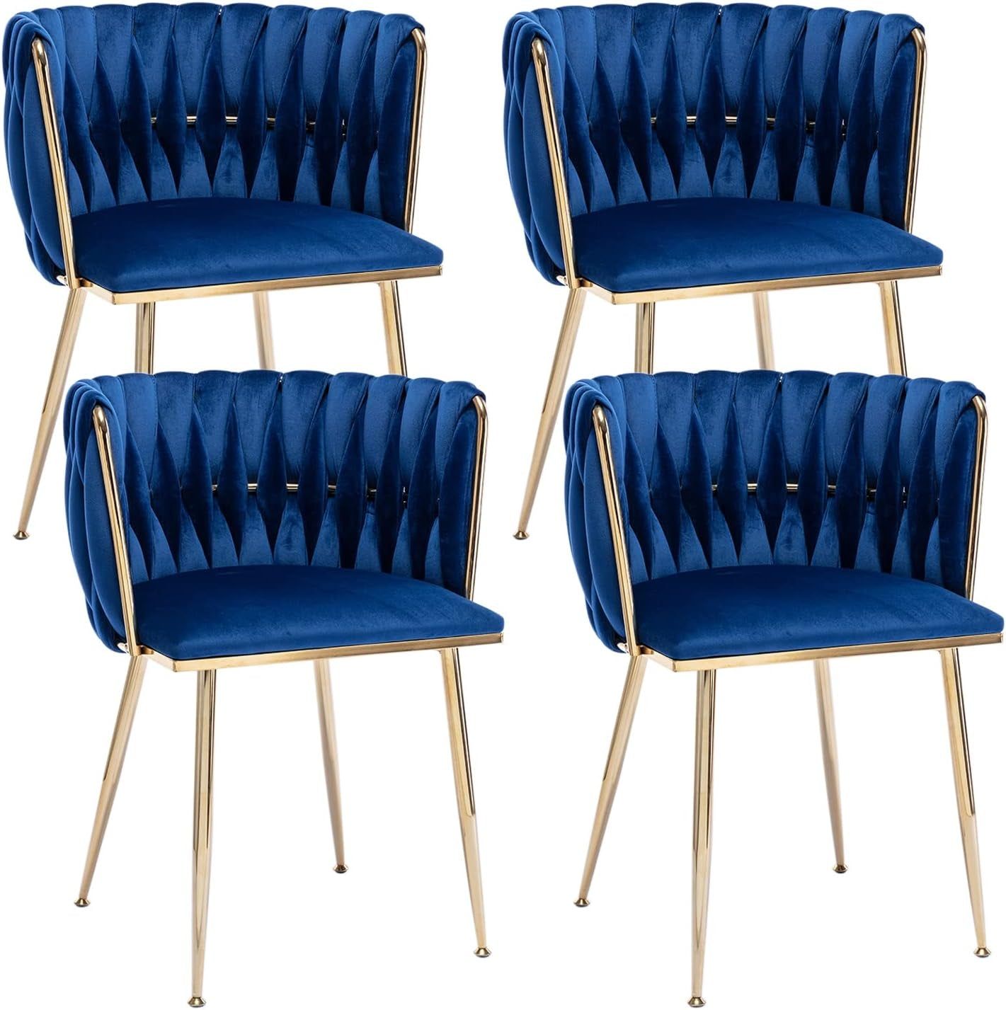 Velvet Dining Chairs Set of 4, Modern Dining Chair with Gold Metal Legs, Luxury Tufted Dining Chairs for Dining Room, Bedroom, Kitchen (Blue)