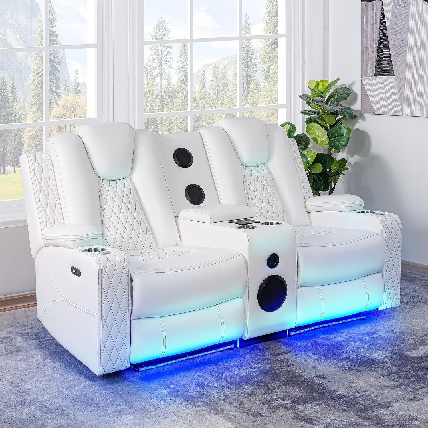 Chicago Power Loveseat Recliner Sofa with Massage &amp; Home Theater Seating with Wireless Charging Electric Recliner RV Sofa with Usb/Cup Holders/Storage/Led Light/Speaker, White/Air Leather