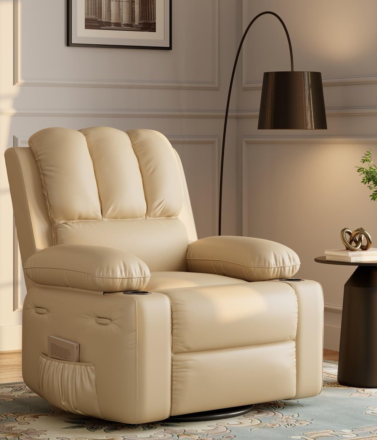 Oversized 27&quot; Recliner Chairs with Heat and Massage - 360° Swivel Lazy Recliner Chair for Adults- Manual Rocking Chair with Cup Holder for Living Rooms, Bedrooms and Nurseries - Creamy
