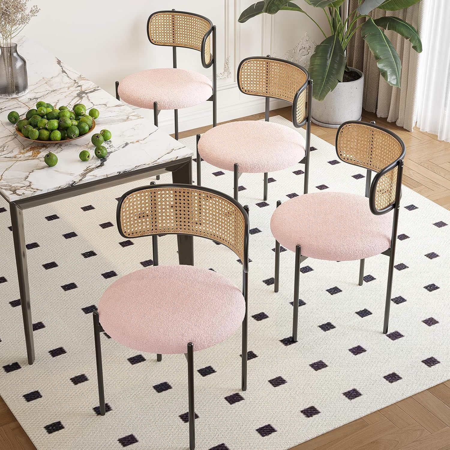 Kitchen Chairs Set of 4, Mid-Century Modern Dining Chairs,Kitchen Dining Room Chairs, Rattan Backrest round Upholstered Sherpa Dining Chairs,Pink