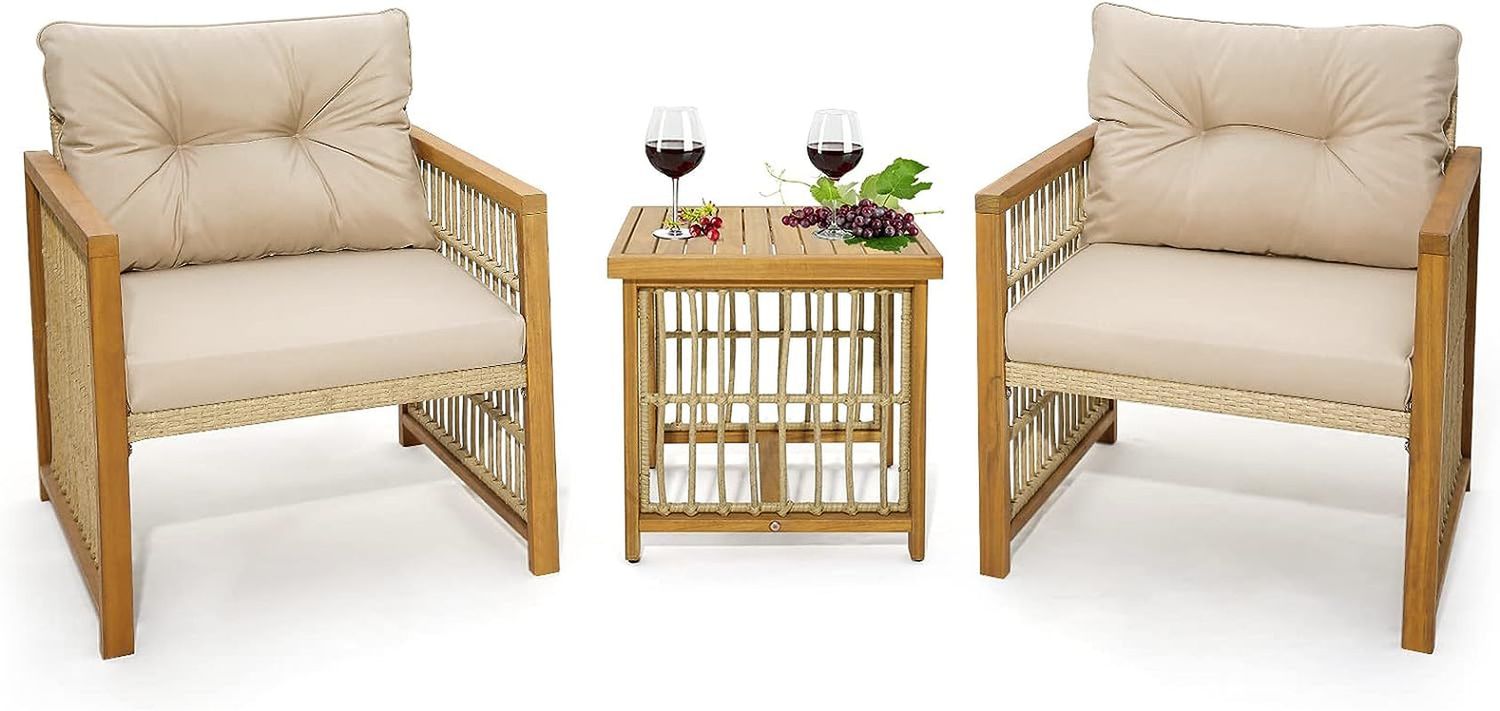 3 Pieces Acacia Wood Patio Furniture Set, PE Wicker Bistro Set with Cushioned Chairs and Coffee Table, Outdoor Conversation Set for Porch, Deck, Balcony, Backyard (Beige)