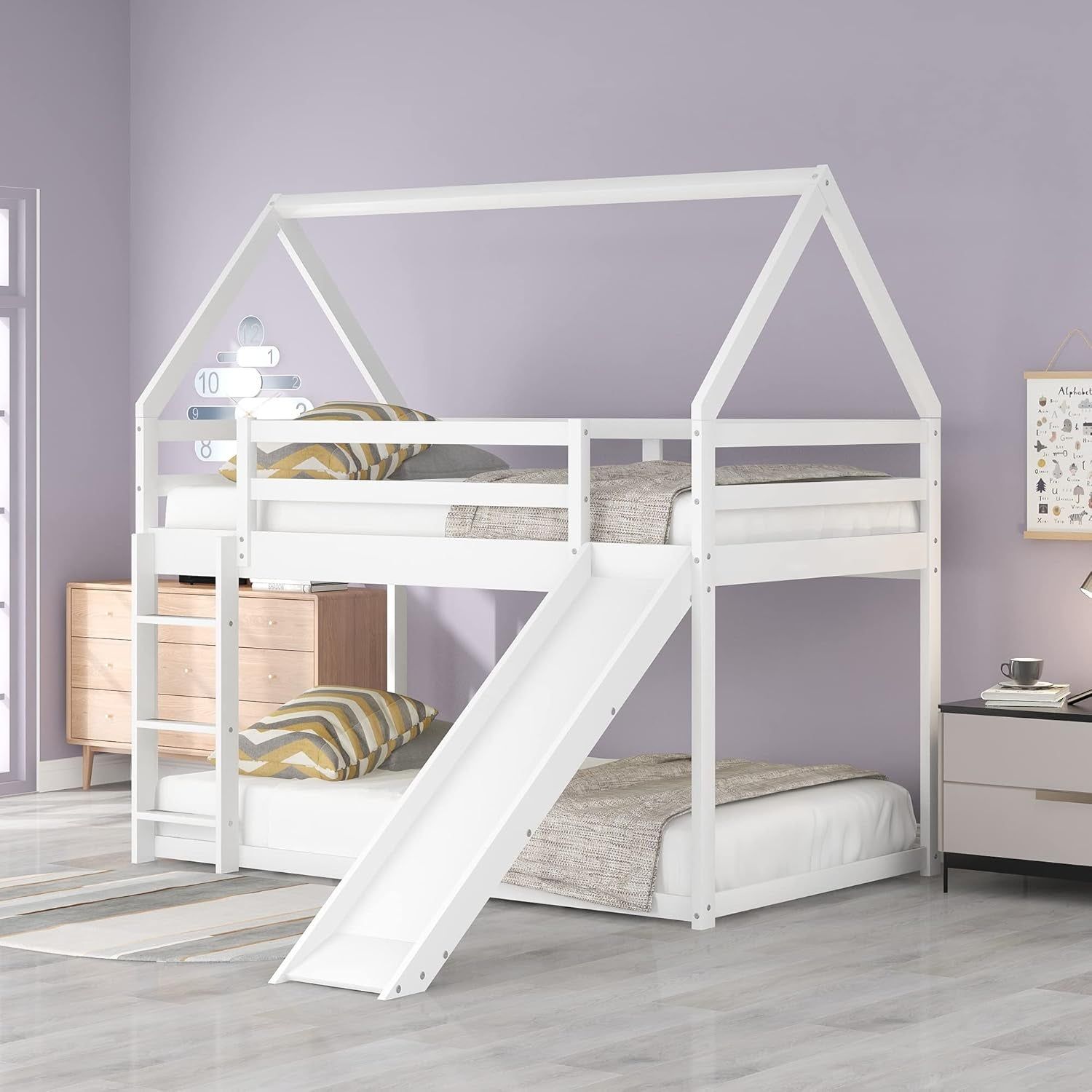 Twin Bunk Beds for Kids,Wood House Bunk Bed Twin over Twin,Kids Bunk Bed with Slide and Roof for Girls Boys,White