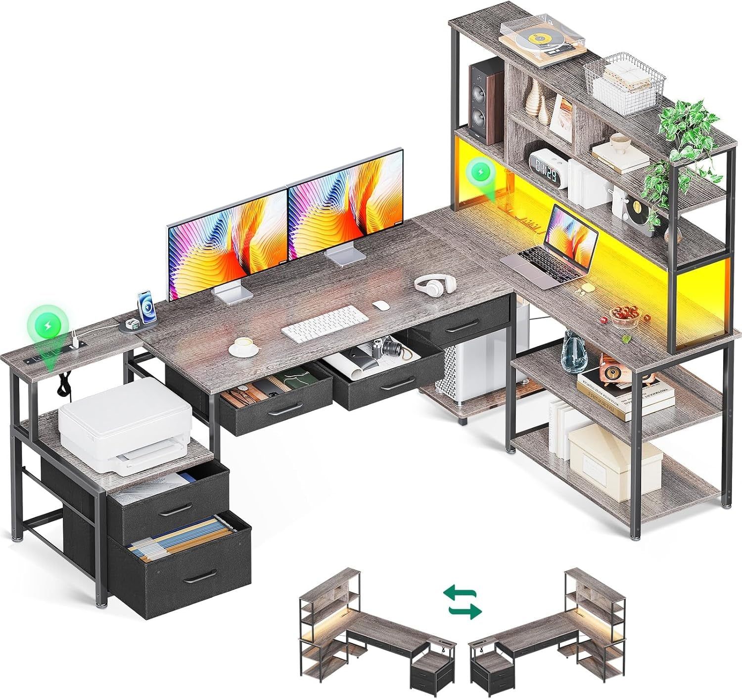 79 Inch L Shaped Desk with File Drawers, Reversible L Shaped Gaming Desk with Power Outlets &amp; LED Lights, Computer Desk with Storage Shelves for Home Office, Grey Oak