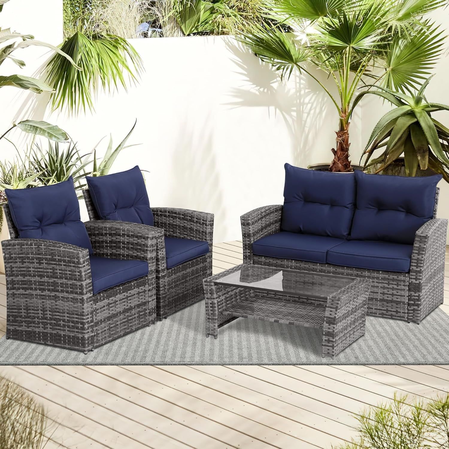 4 Piece Outdoor Patio Furniture Set, Outdoor Sectional Furniture, Wicker Sectional Conversation Sofa Set with Glass Table and Cushions (4 Piece Navy)