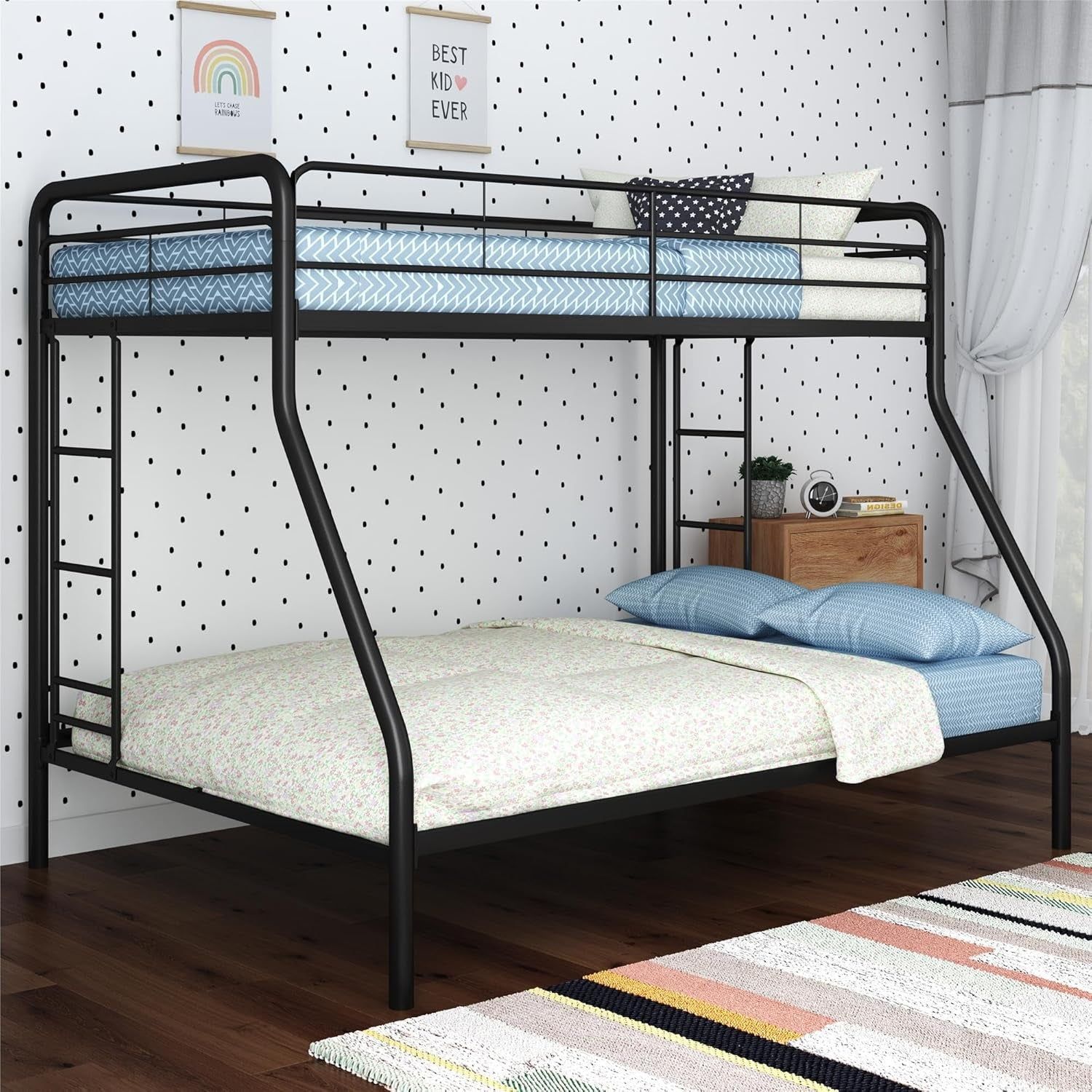 Dusty Metal Bunk Bed Frame for Kids, Teens, and Adults, with Angled Ladder, High Full Length Guardrail, Smooth Rounded Edges, No Boxspring Required, for Small Spaces, Twin-Over-Full, Black