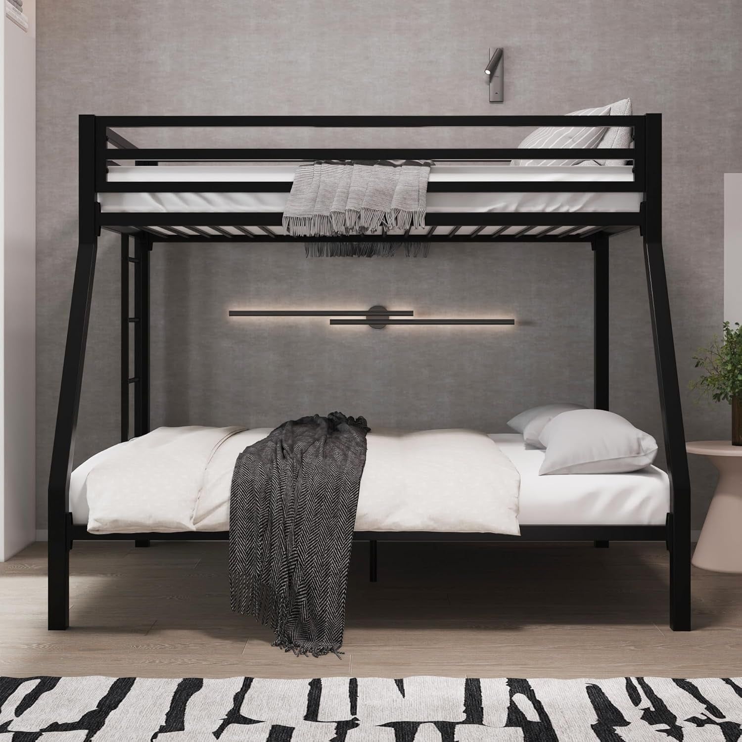 Metal Bunk Bed Twin over Full Size for Junior &amp; Adults with Ladder and Heavy Duty Guardrail, Small Space Saving Design for Bedroom Kid Room and Dorm, Black