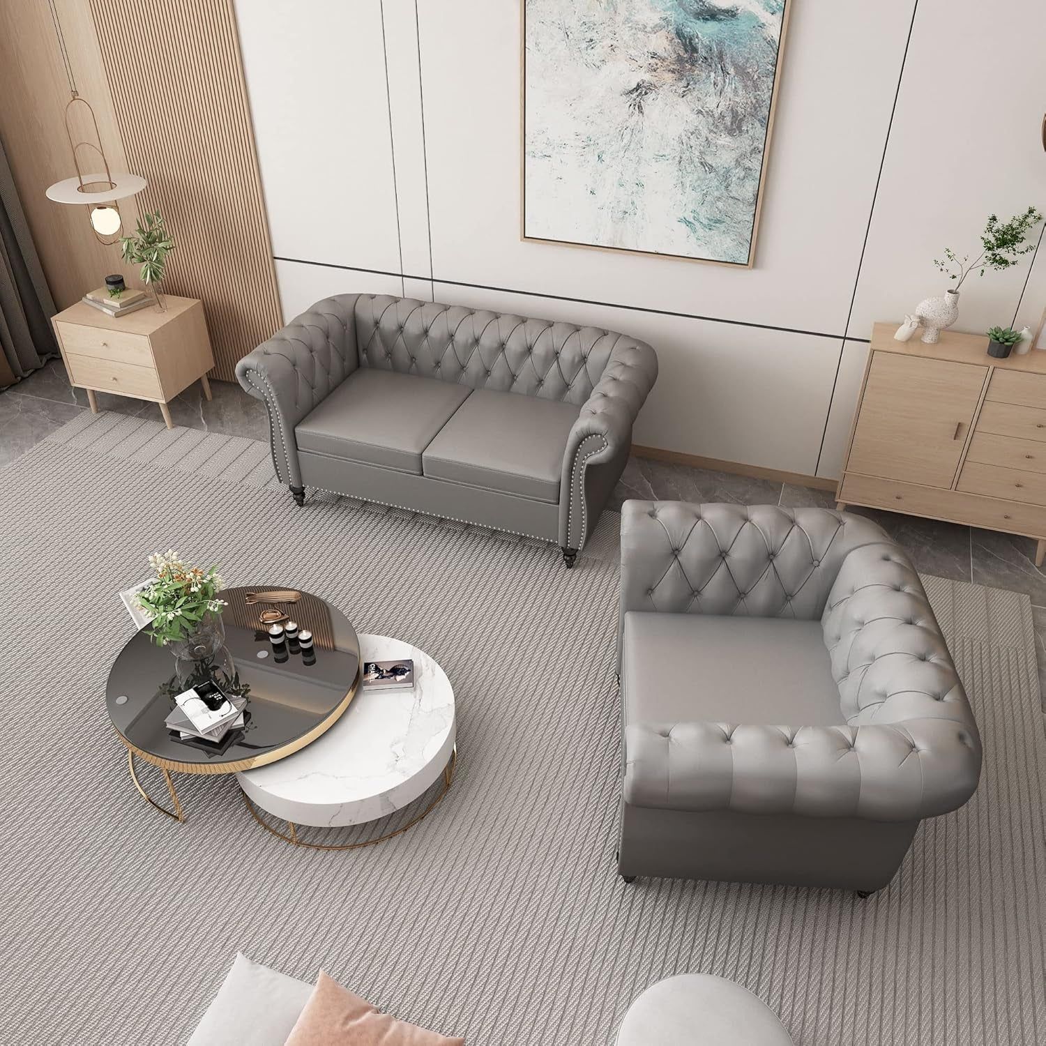 2 Piece Living Room Set, Chesterfield PU Leather Sofa Loveseat Couch Chair with Scroll Arms and Nailhead for Living Room, Office (PU Grey, 1-2)