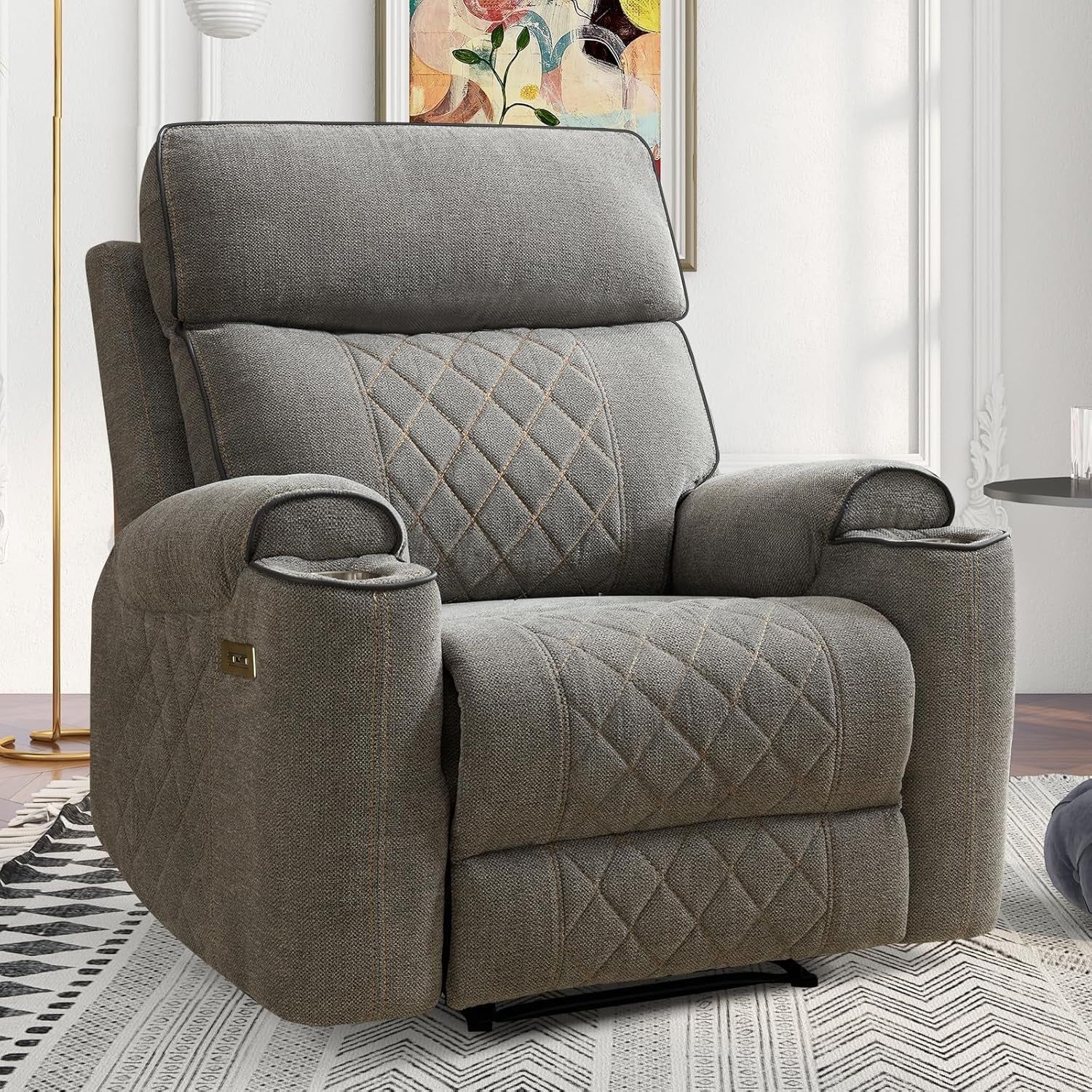 Electric Recliner Chair, Soft Fabric Power Recliners with Metal Cup Holders, Single Overstuffed Heavy Duty Reclining Sofa Chairs for Living Room Bedroom