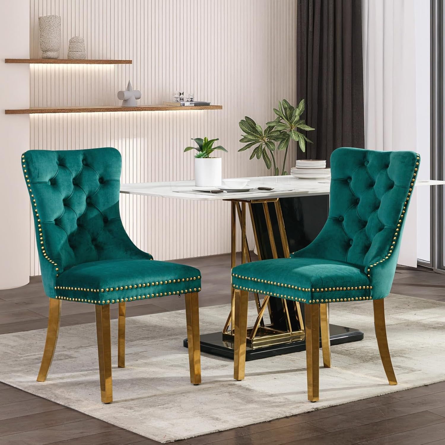 Velvet Dining Chair Set of 2, Upholstered Tufted Dining Room Chair with Nailhead Trim and Stainless Steel Gold Plated Leg for Kitchen, Green