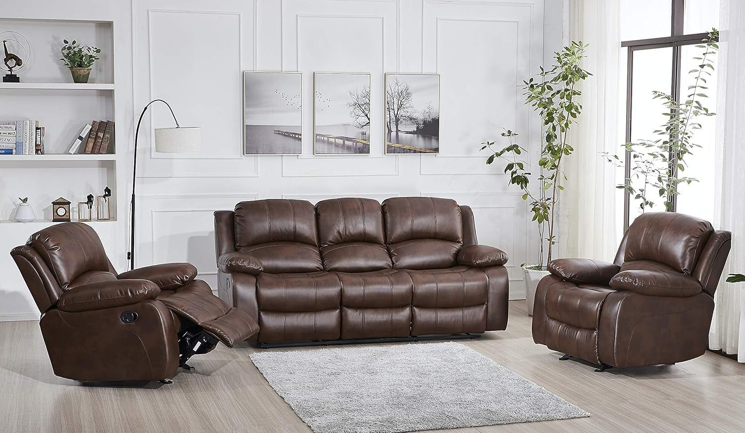 3PC Bonded Leather Reclining Sofa Chair Set Living Room Set 8018 Multiple Color (Brown)
