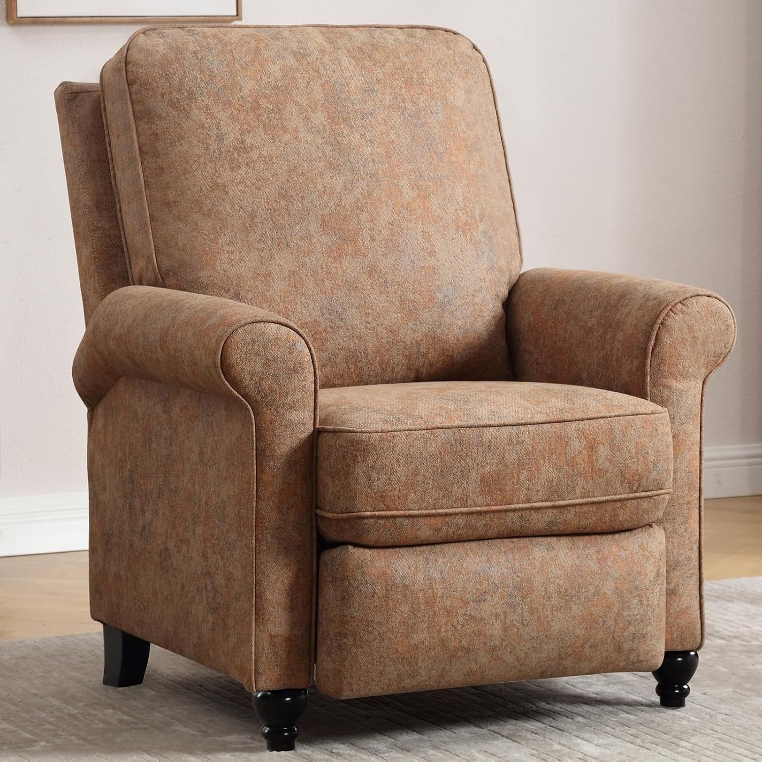 Push Back Recliner Chair, Textured Fabric Overstuffed Wingback Recliner, Adjustable Pushback Chair with Padded Seat and Back, Single Reclining Sofa for Living Room, Bedroom(Retro Brown)