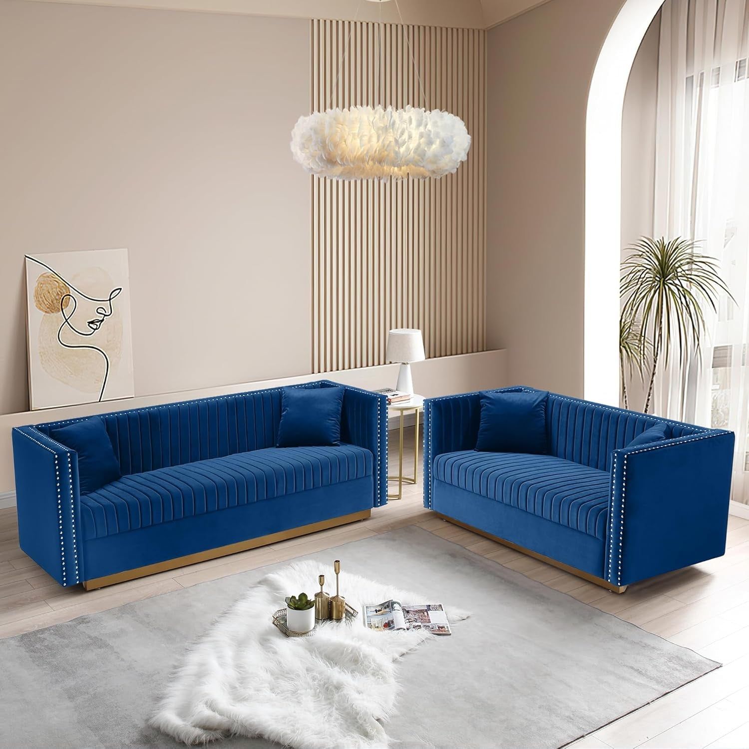 Luxury Velvet Sofa Set for Living Room, Modern Decor Furniture Channel Sofa Couch and Loveseat with Nailhead Gold Metal Legs and 4 Pillows for Bedroom, Hall, Blue