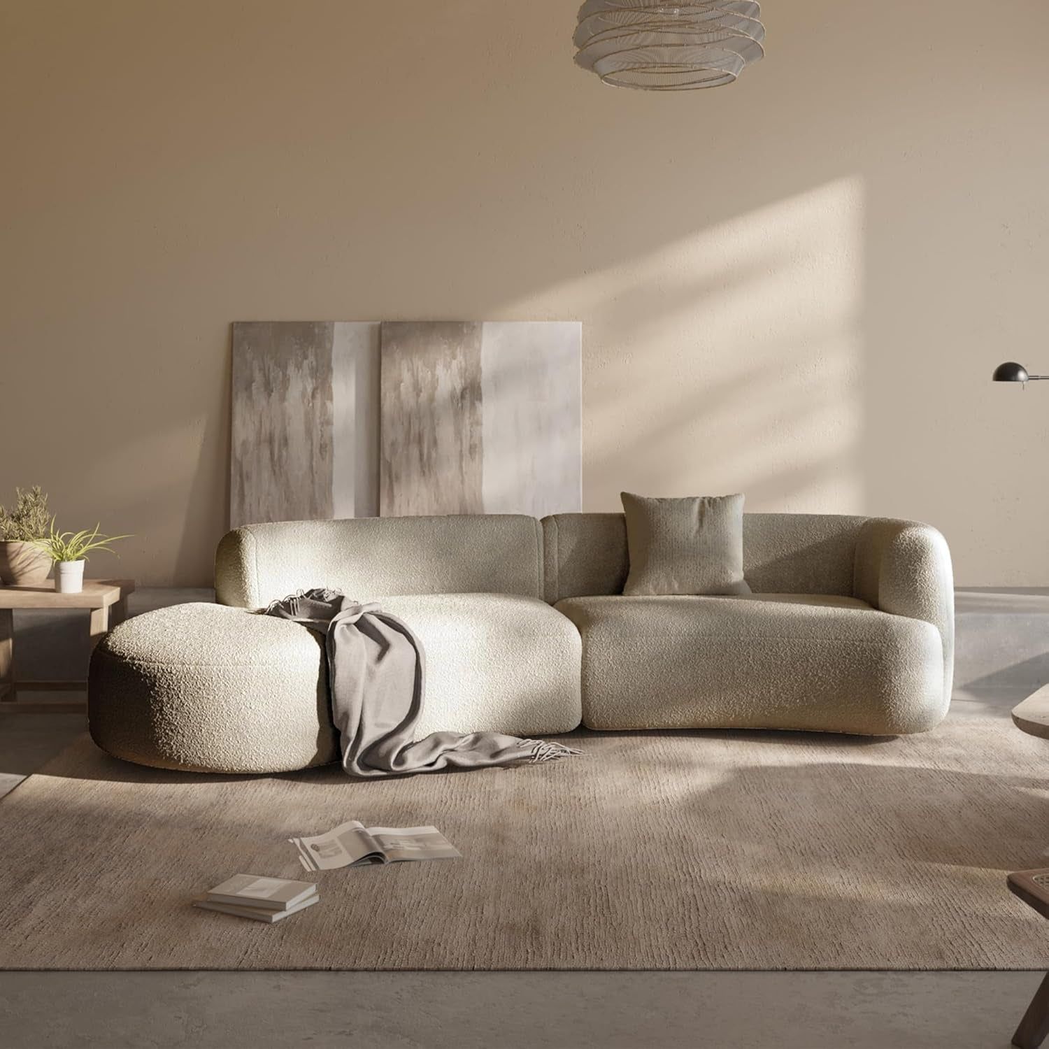 Modern Curved Sectional Living Room Couch, Minimalist Comfy Boucle Fabric Modular Sofa for Apartment, Home Office, Left Hand Facing, Light Coffee