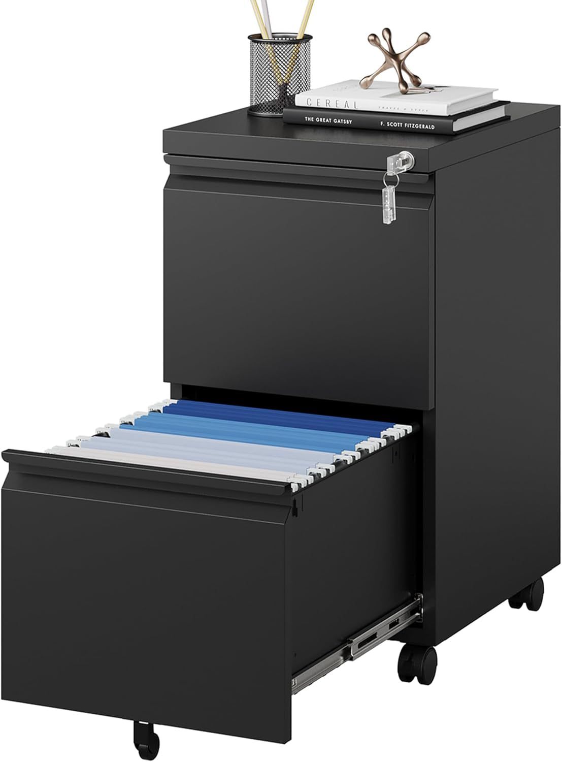 2 Drawer File Cabinet on Wheels, Home Office Mobile File Drawers under Desk, Filing Cabinets with Drawers for Legal/Letter/A4 File Folders(Black),Un-Assembled