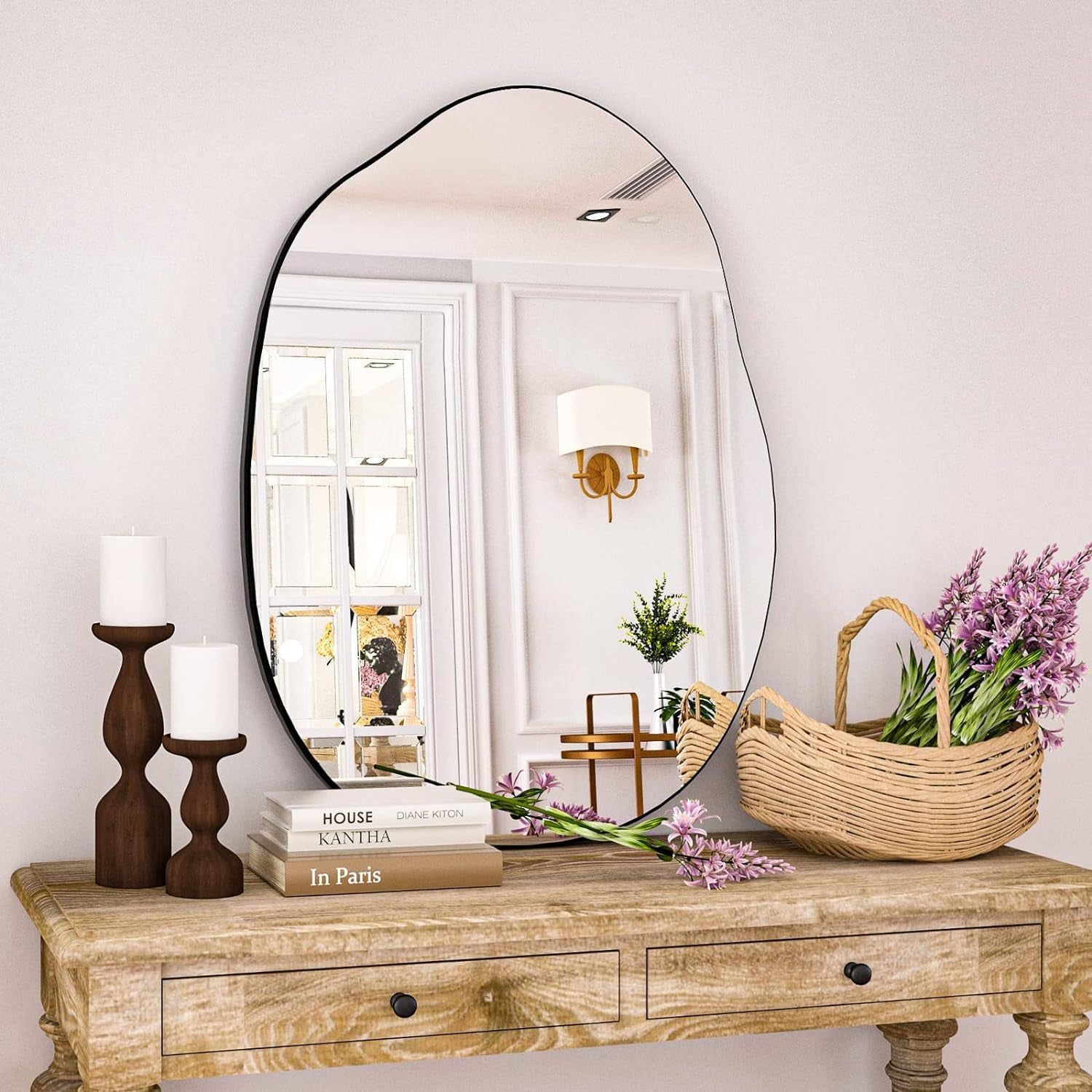 Irregular Wall Mirror 24&quot;X32&quot; Black Asymmetrical Bathroom Mirror Wood Framed Modern Decorative Vanity Mirrors for Bedroom Living Room Entryway