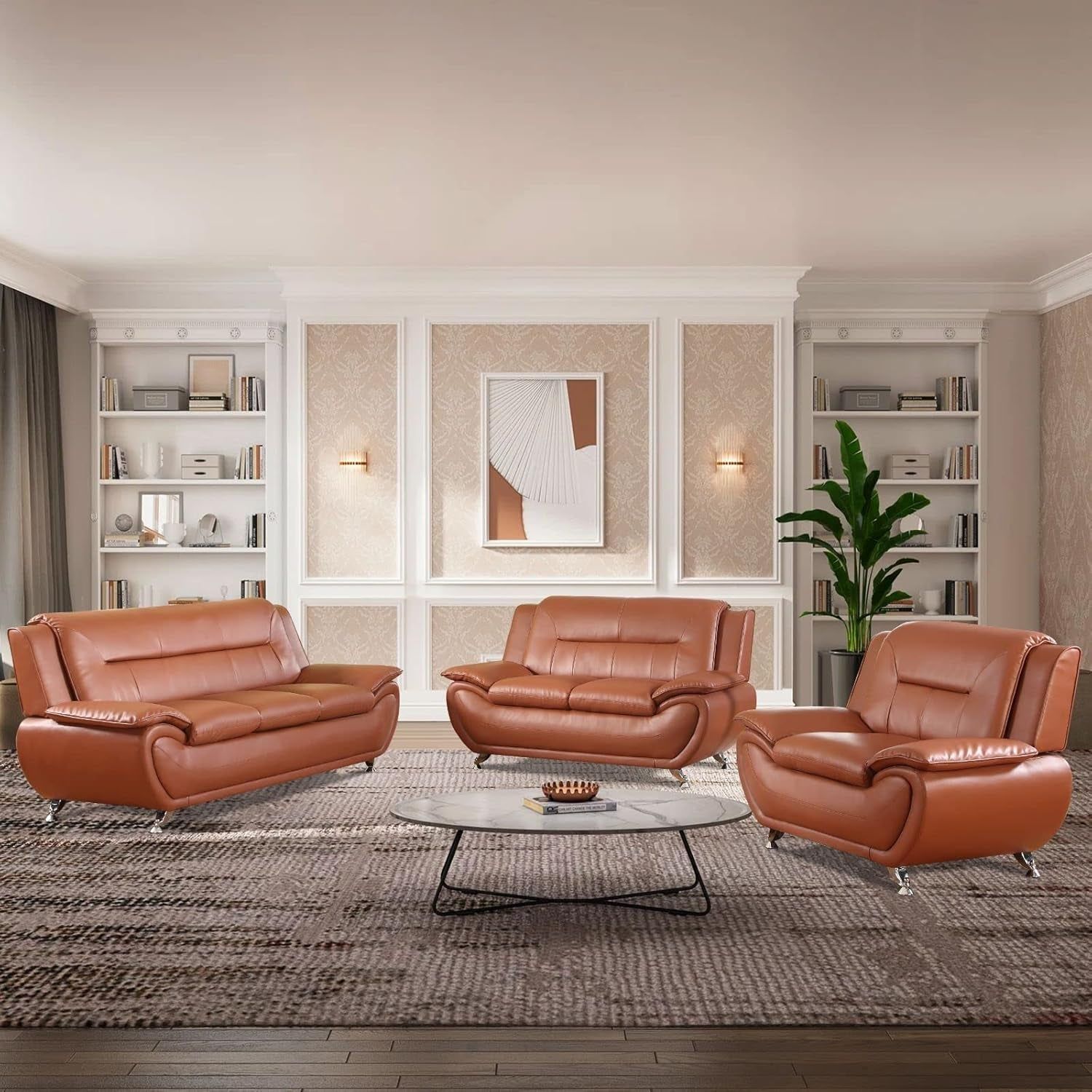 3PCS Faux Leather Sofa Set, Living Room Couch Set with Sofa, Loveseat and Chair (Orange)
