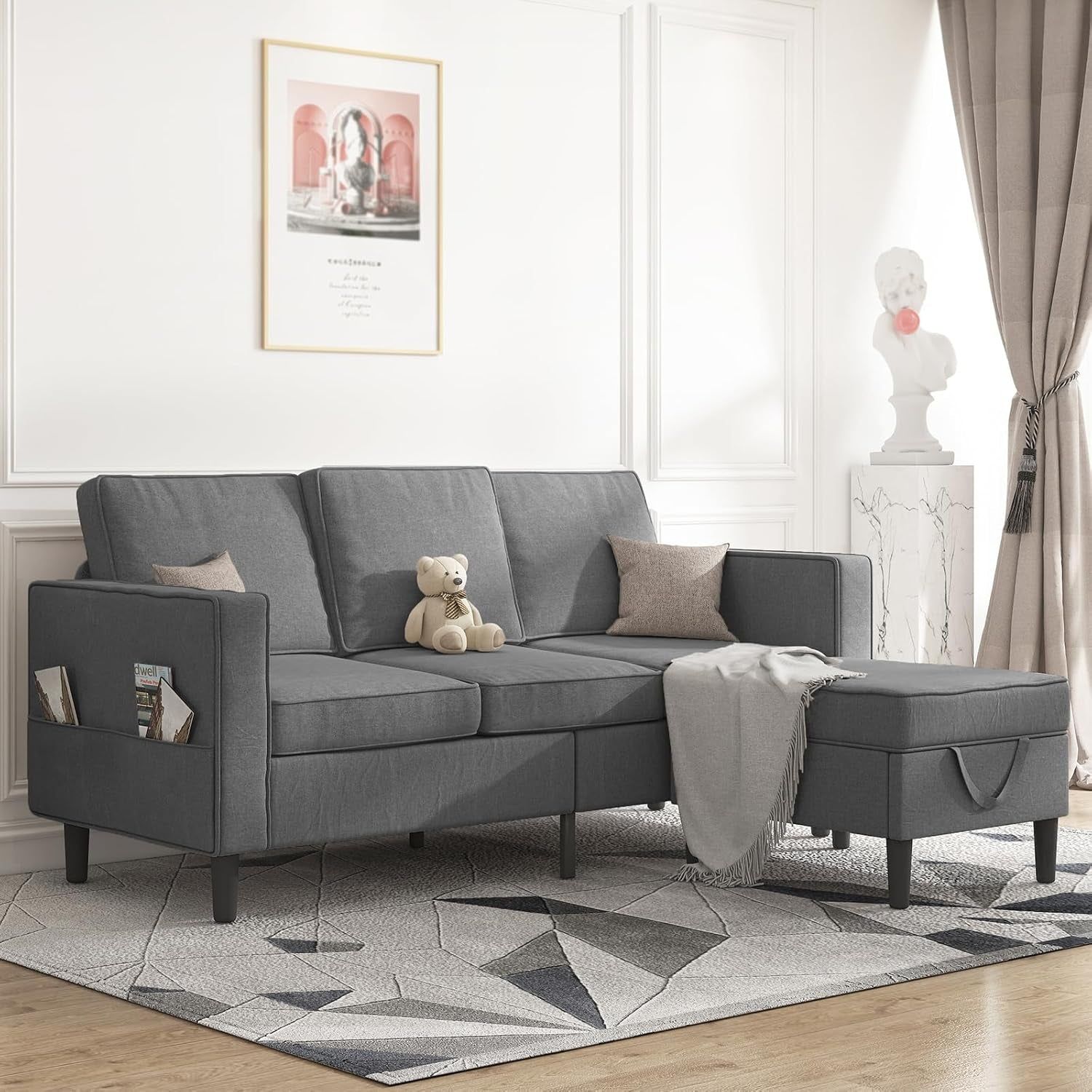 Sectional Sofa with Movable Storage Ottoman, L Shaped Couch with Side Pockets/Modern Sofas/Easy Assembly/Free Combination - Dark Grey