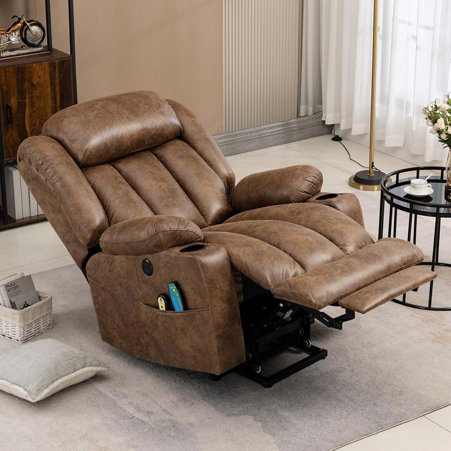 Tall Man Large Power Lift Recliner Chair with Massage and Heat for Elderly, Overstuffed Wide Electric Lift Recliner with Extended Footrest, 2 Cup Holder, Side Pockets &amp; USB Ports (Brown)