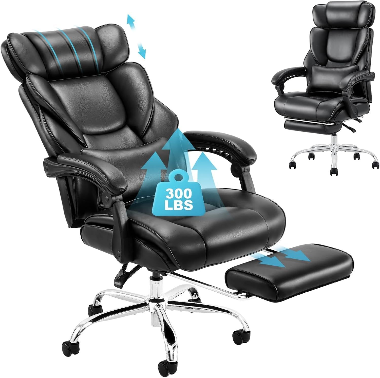 Office Chair with Retractable Footrest, Ergonomic High Back Design Executive Computer Desk Chair with Removable Lumbar Pillow, 90-135°Reclining, Thick Bonded Leather for Home Office Work, Black