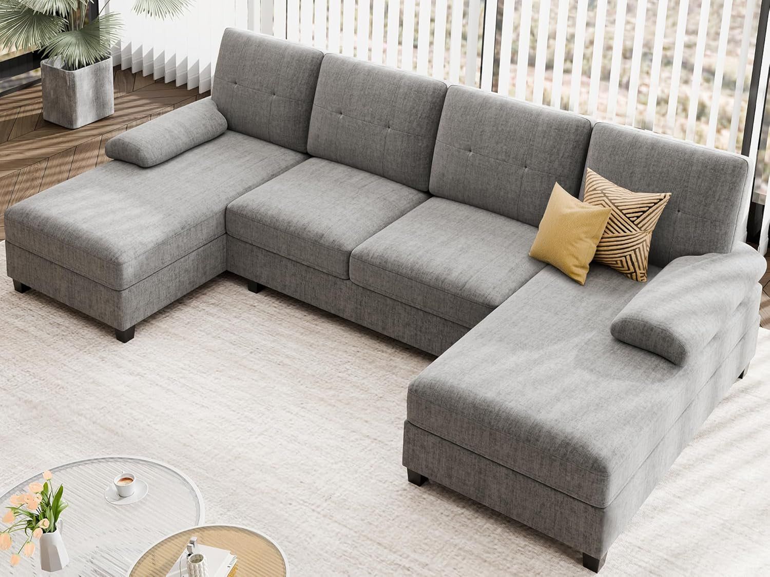 Sectional Sofa Couches for Living Room, U Shaped Sofa Living Room Furniture Sets, 4 Seat U Shaped Sofa Sectional Couch with Chaise, Grey