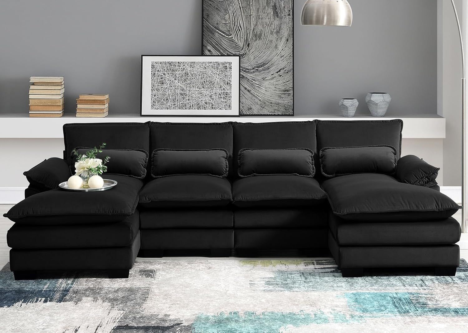 110&quot; Modular Sectional Couches with Waist Pillows, 6-Seat U-Shaped Upholstered Sleeper Sofa Bed Chaise Lounge for Living Room Furniture, Large, Black