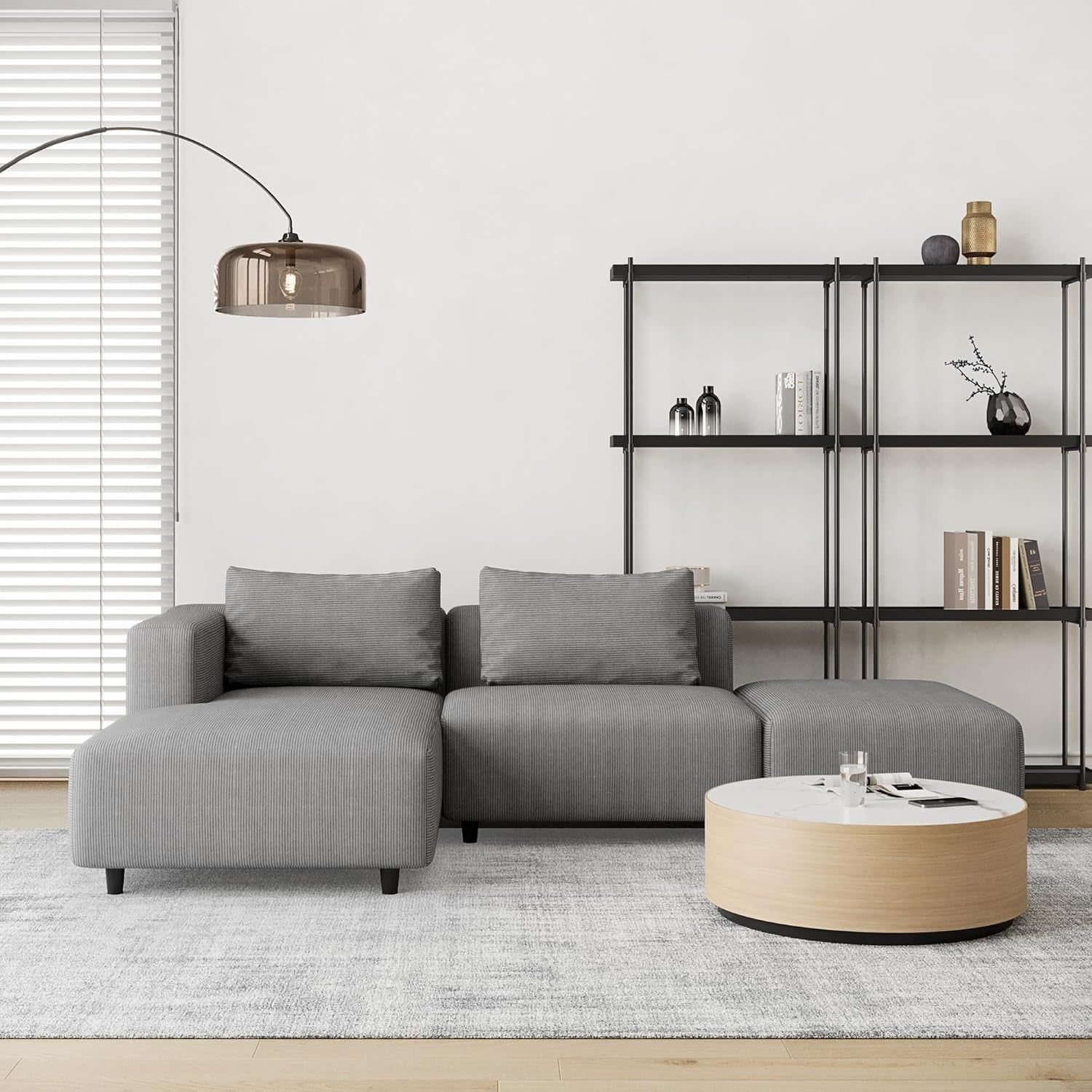 Soft Corduroy Sectional Modular Sofa Set, Modern L-Shaped Chaise Couch for Living Room, Apartment, Office, Small Spaces, Grey