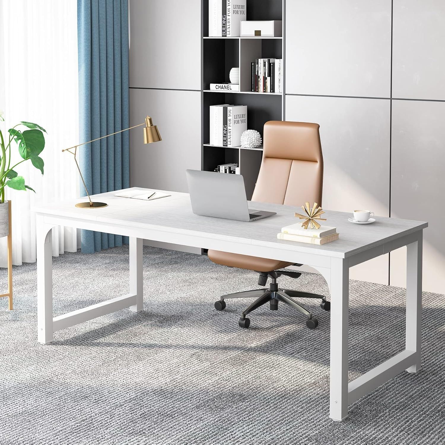 70.8”Executive Desk, Large Office Computer Desk with Thicken Frame, Modern Simple Workstation Business Furniture for Home Office, White